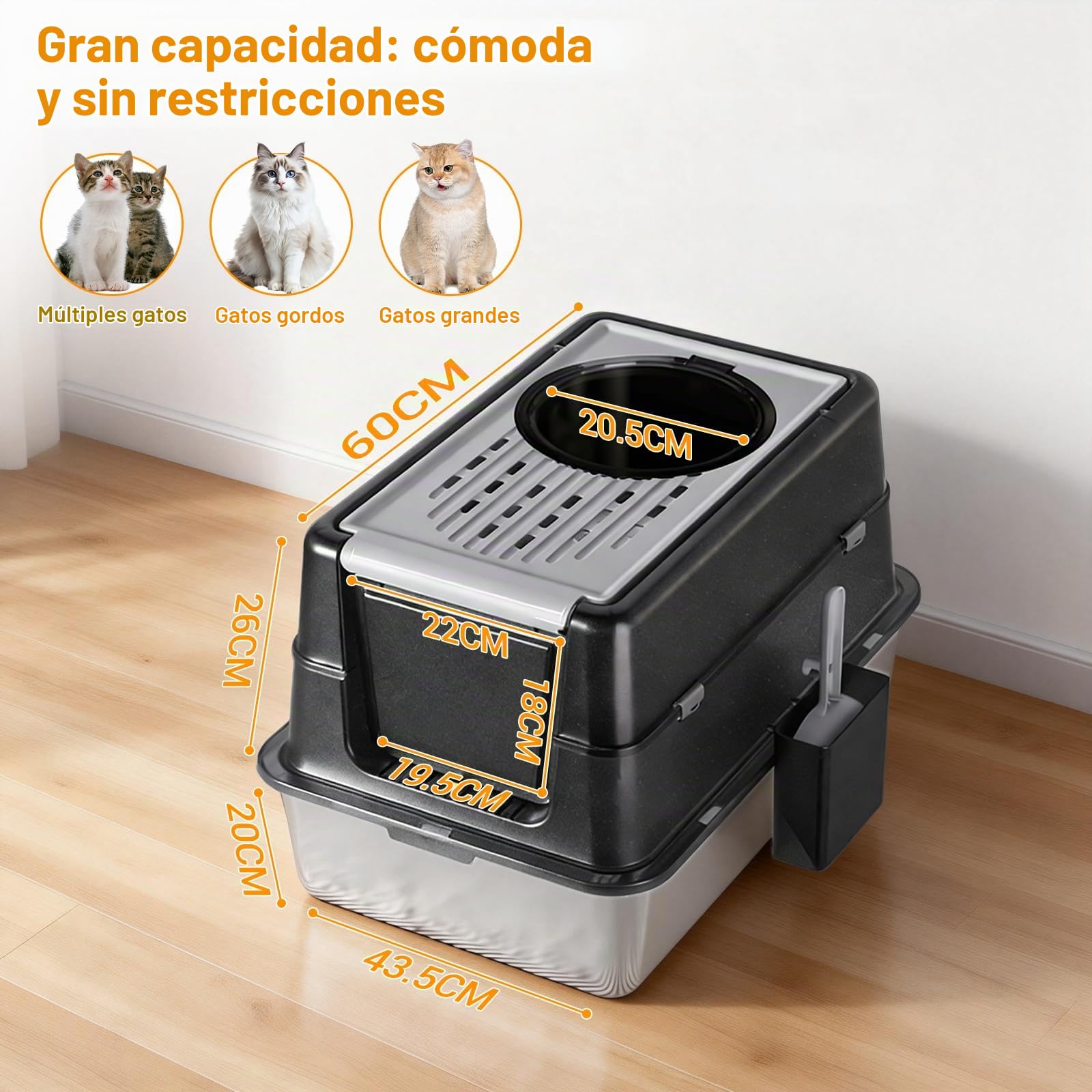 Garvee Arenero Gato Acero Inoxidable - Tamaño Grande, Caja De Arena Cerrada con Tapa Plegable De Doble Entrada - Resistente, Sin Olores y Fácil De Limpiar - Ideal para Gatitos y Gatos Adultos
