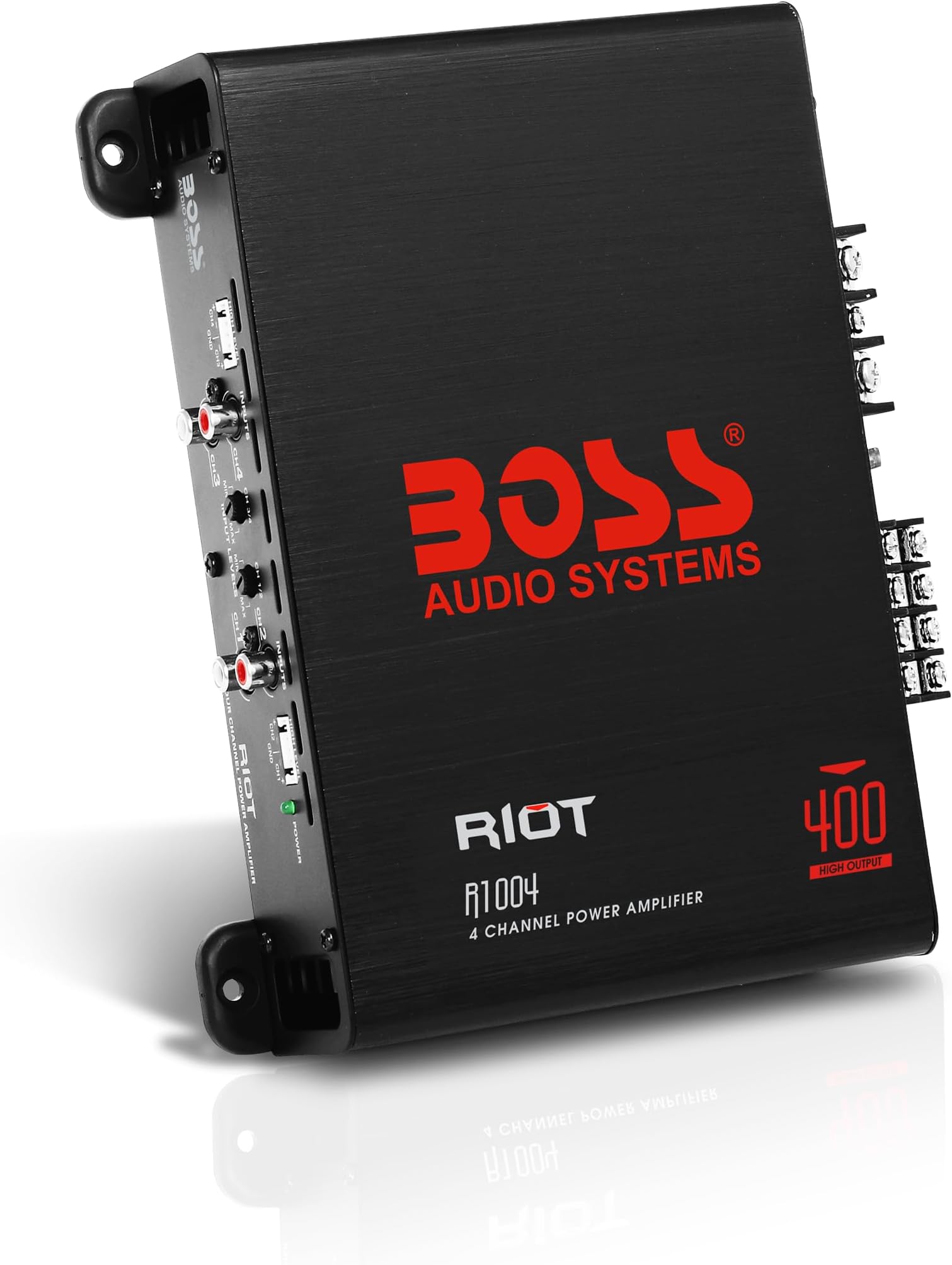 R1004 Riot Series 4 Channel Amplifier Car Audio - Class A/B, 400 High Output, 2-8 Ohm Stable, High/Low Level Inputs, Full Range
