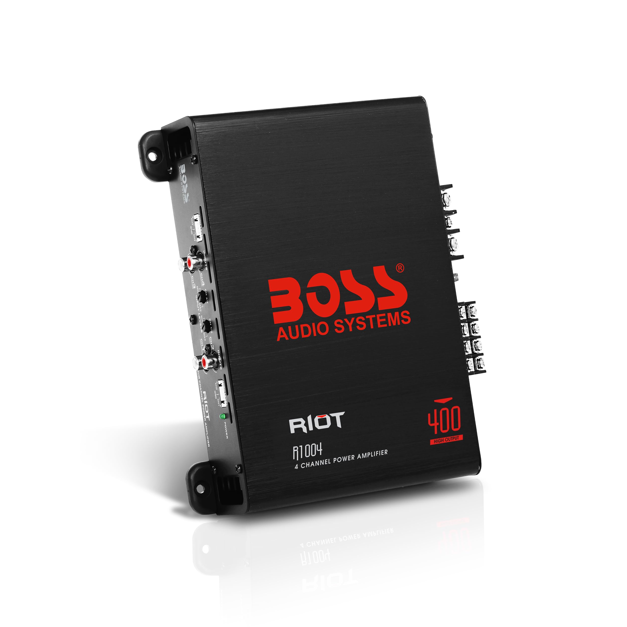 BOSS Audio Systems R1004 Riot Series 4 Channel Amplifier Car Audio - Class A/B, 400 High Output, 2-8 Ohm Stable, High/Low Level Inputs, Full Range