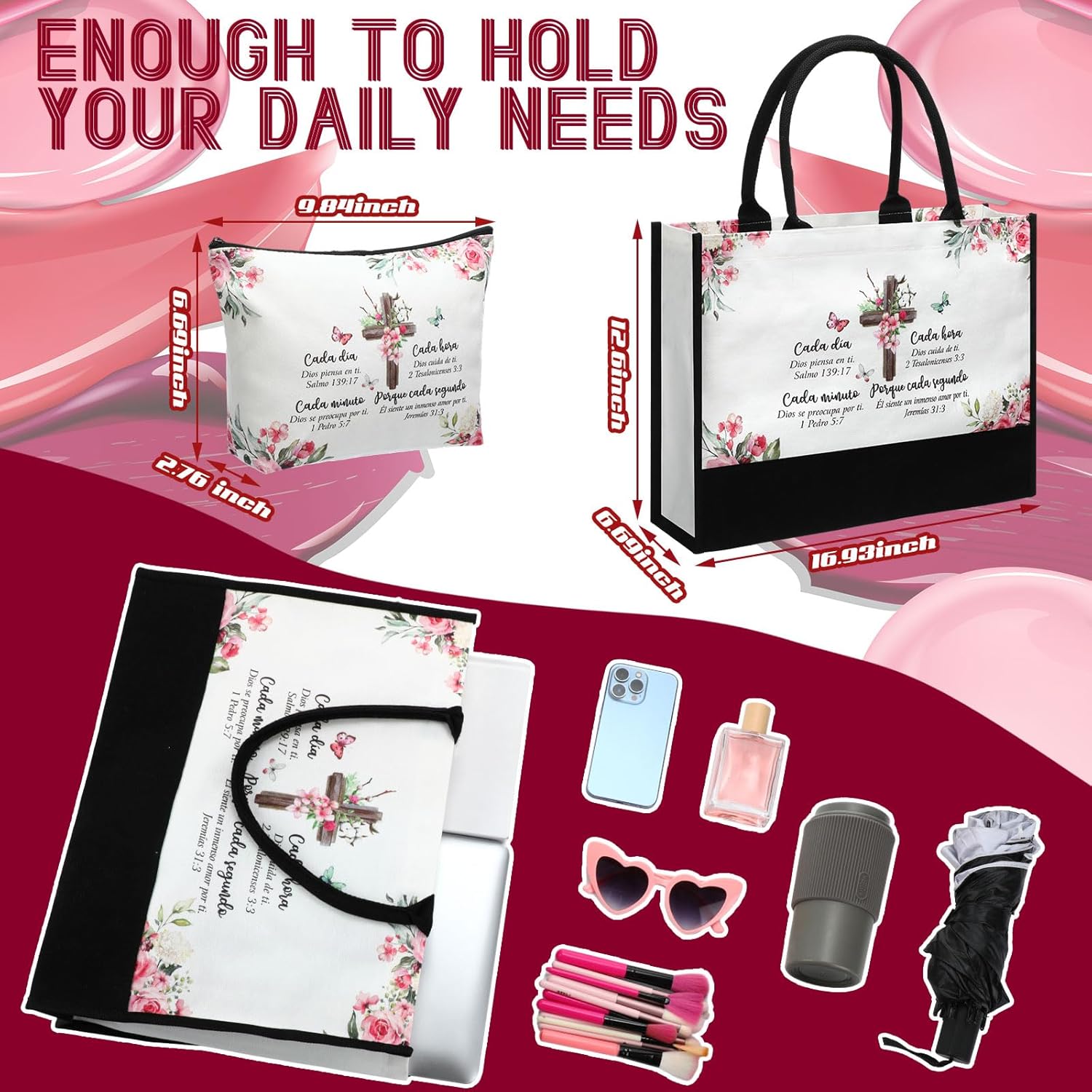 Aliceset 2 Pcs Spanish Christian Gifts for Women, Inspirational Religious Faith Bible Verse Canvas Tote Bag with Makeup Bag - Image 3