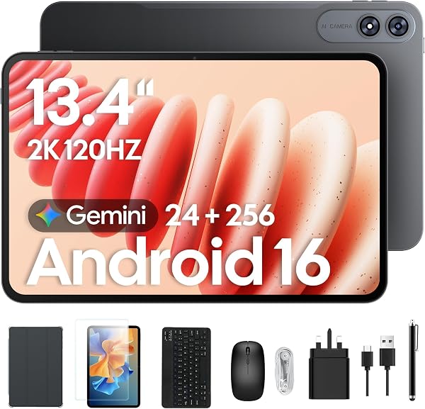 2026 Upgraded 13.4 inch Android 16 Tablet with Keyboard, Large 13 inch Tablet with 2K 120Hz IPS Display, 24GB RAM + 256GB ROM, 2.2Ghz Octa-Core,10000mAh Battery, Tablet with Pen & Mouse - 1