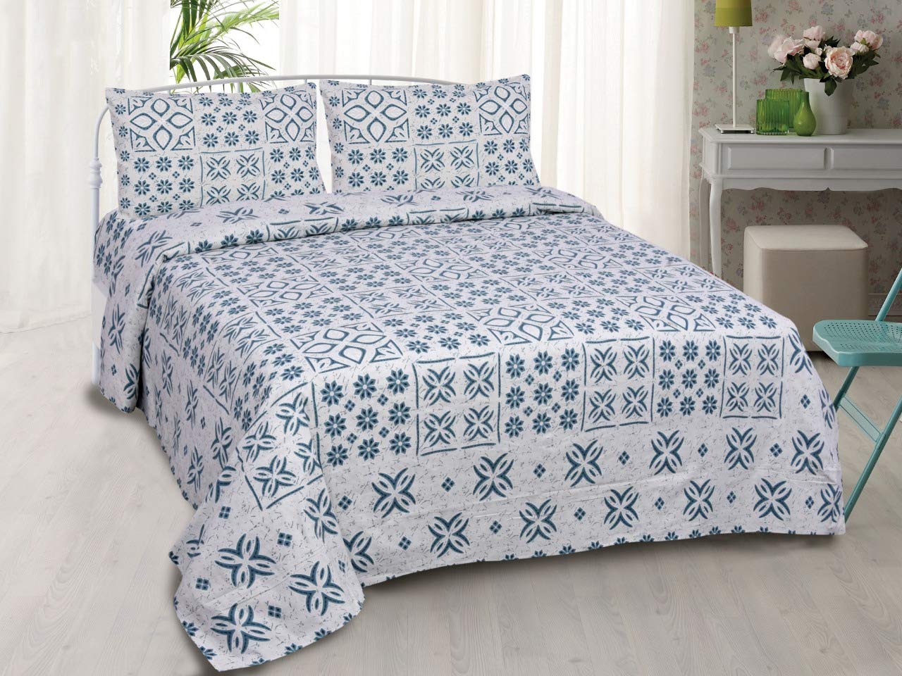 ManavRachit Cotton 210 TC Leafs Printed Double Bed BedSheet (90 x 100 inches) with 2 Pillow Covers King Size for Kids Bed, Home and Living Room (Peach)