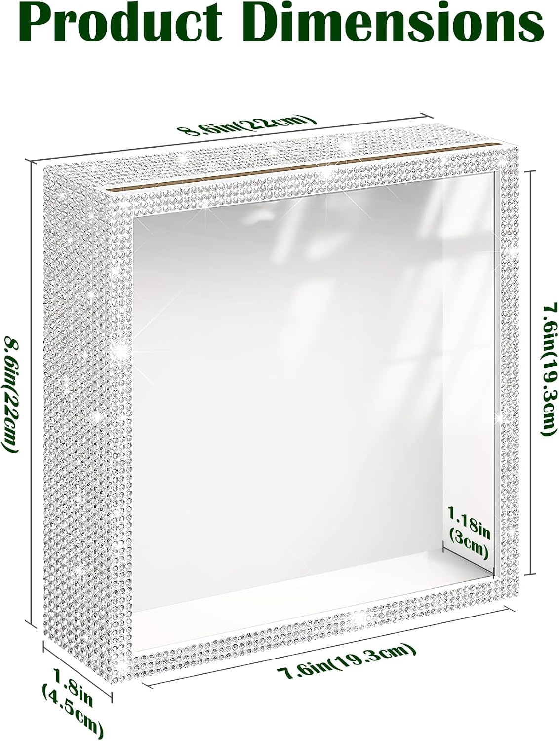 8x8 Bling White Shadow Box Frame Rheinstone Photo Frame Display Case Box for Memorabilia,Wedding Memories, Crafts, Tickets and Photos（Internal Thickness 1.18in White）
