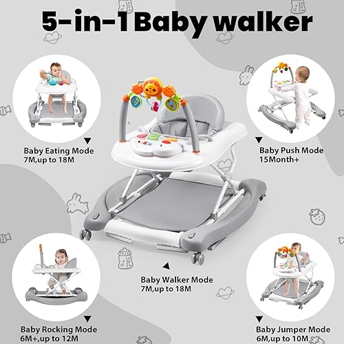 Miniatura 37 de Andador de bebé 5 en 1, andadores de bebé para niños y niñas de 6 a 12 meses, caminador de actividad plegable, andador infantil con gorila, altura