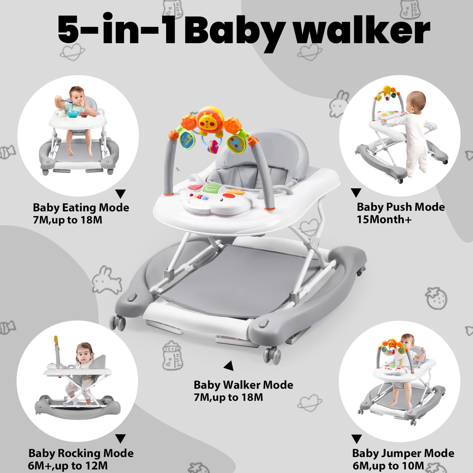 Boyro Baby Baby Walker, 5-in-1 Baby Walkers for Boys and Girls 6-12 Months with Bouncer, Removable Footrest, Feeding Tray & Music, Foldable & Adjustable Activity Walker for 6-18 Months Toddler Infant