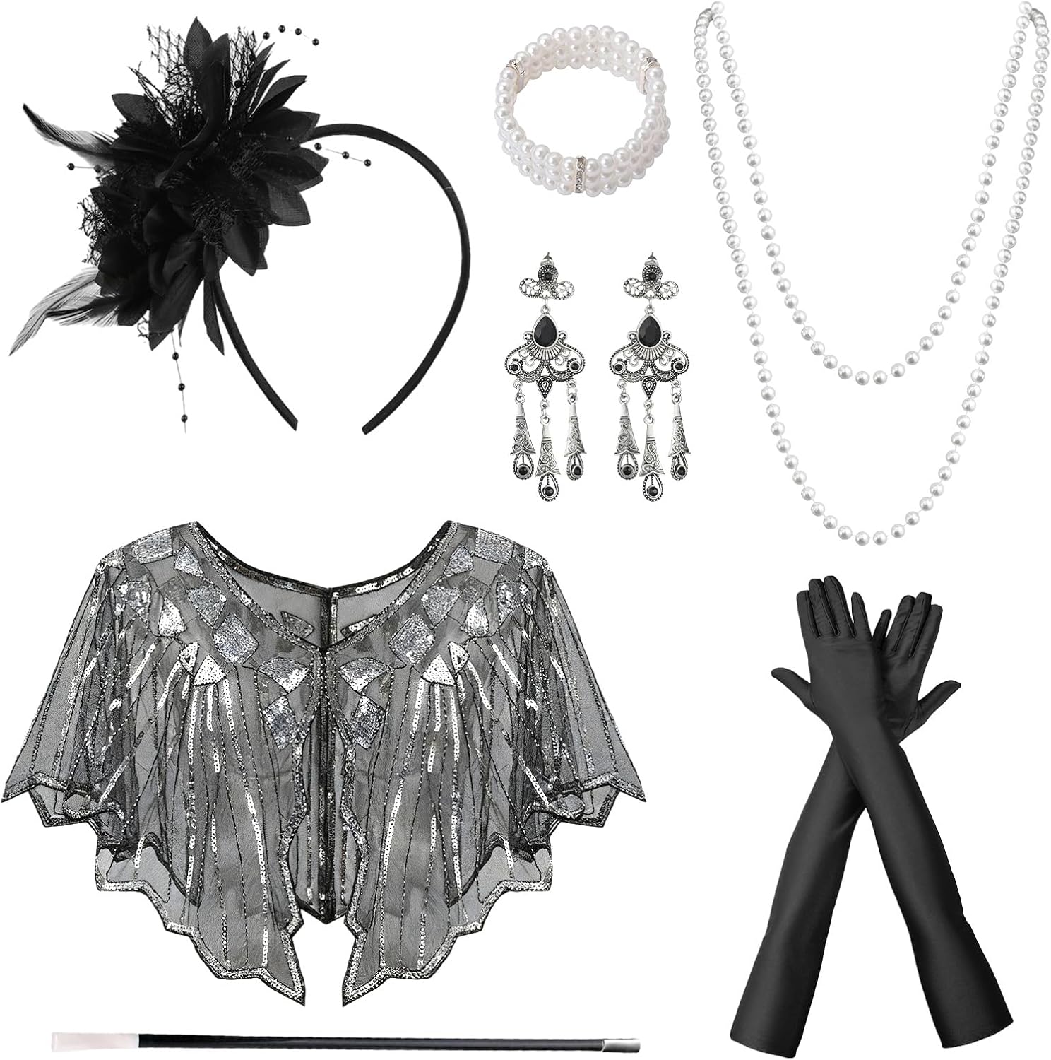 Dongcill Women's 20s Costume 8-Piece Great Gatsby Accessories 1920s Dress Accessory Set with Headpiece Gloves Necklace Bracelet Earrings for Carnival Halloween