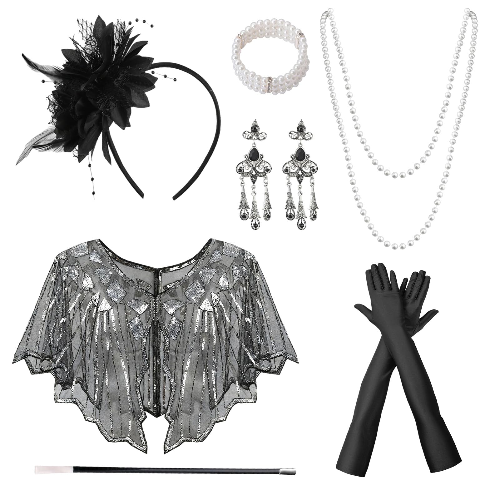 7 Pezzi Set di Accessori Anni '20 Donna, Great Gatsby Accessori Set, 1920 Costumi Charleston con Fascia da Flapper, Guanti, Collana di Perle, Orecchini per Natale Carnevale Halloween Feste a Tema