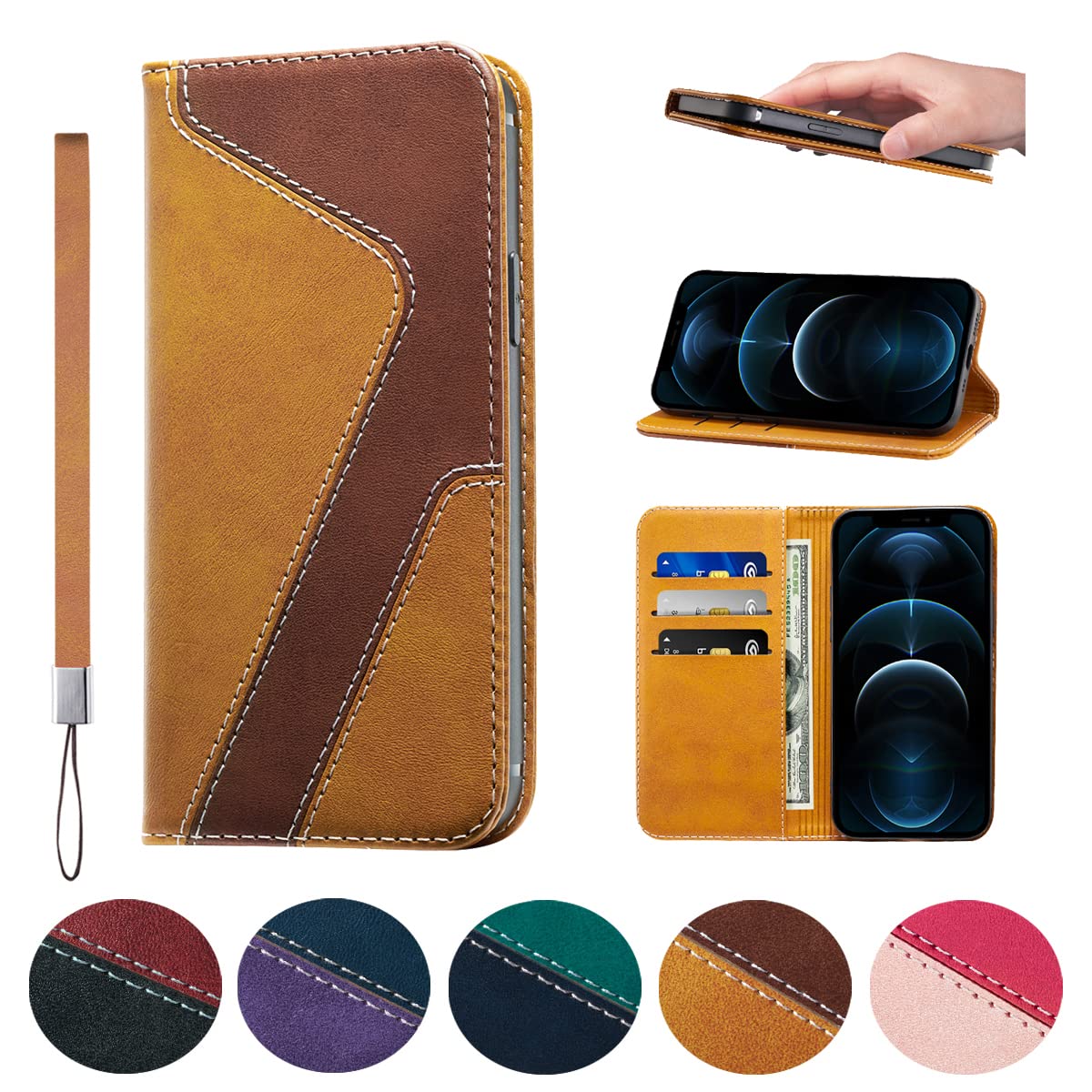 WANDI QAQ iPhone 13 Case Leather flip Wallet with Hanging Rope Card Holder Slots Magnetic Folio Shockproof Proof Protective mix colors style iPhone 13 Cover -Brown&Khaki