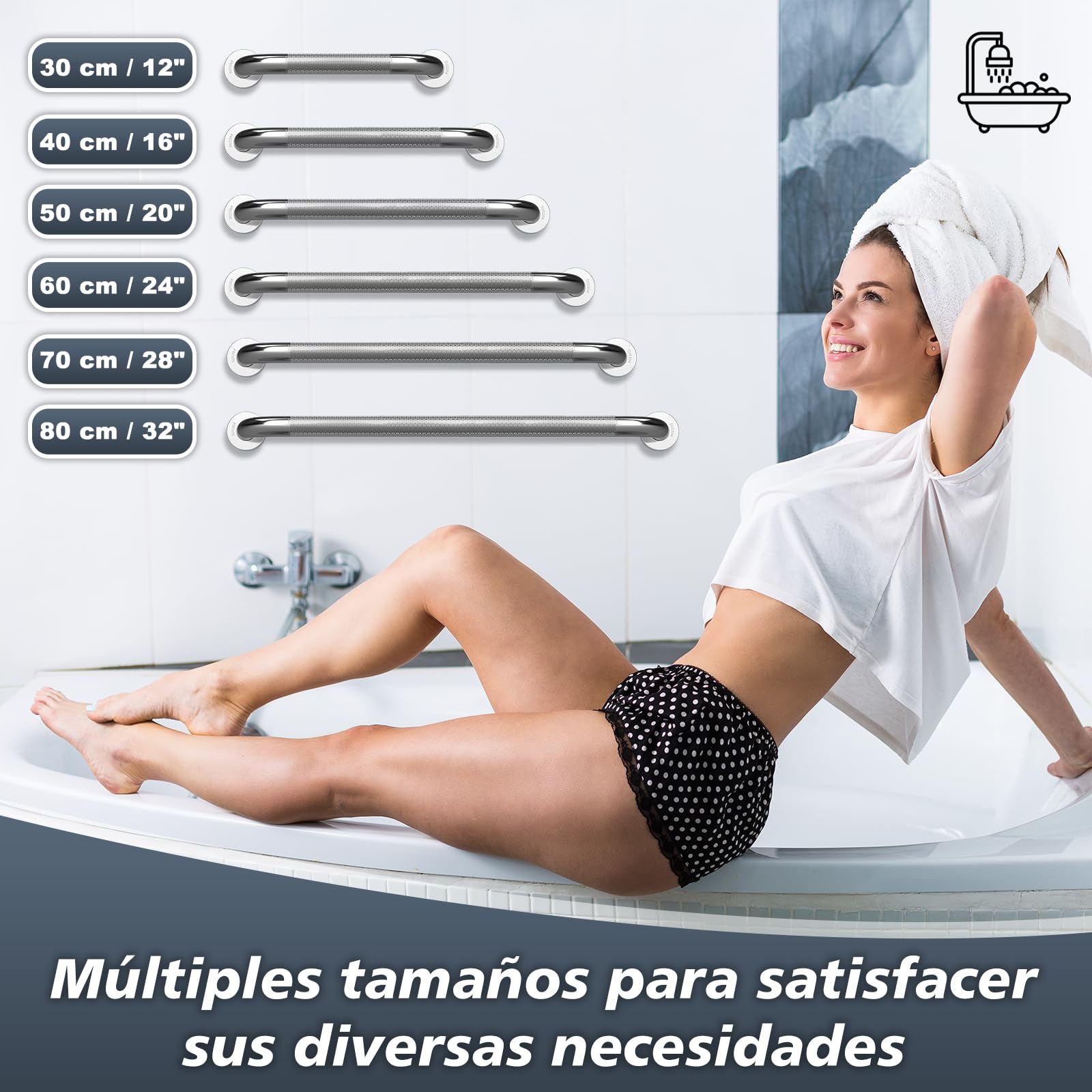 supregear Agarraderas Baño Para Mayores, Barra Acero Inoxidable Antideslizante para Ducha, Barra de Seguridad para Ancianos y Discapacitados, Ø 32 mm, 30 cm (Plata)