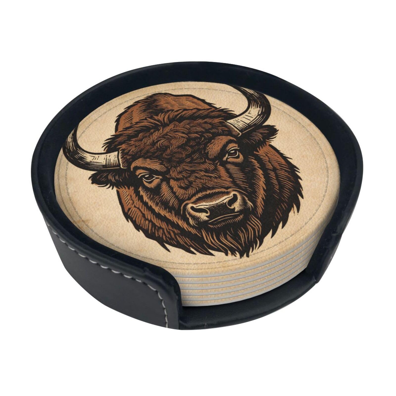 Cntdbu White Vintage Bison Head Leather Coasters Set Of 6-Pu Leather Drink Mats For Table, Heat Resistant Round Coasters With Holder
