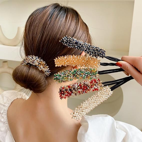 4Pcs Rhinestone Hair Bun Maker Elegant Bun Maker for Hair Lazy Hair Curler Deft Bun Maker for Women Girls(Random Color)
