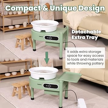 Huanyu Pottery Wheel Machine 12in with Bat System Detachable Extended Tray, Electric Pottery Forming Machine Foot Pedal & LCD Screen 350W Art Clay DIY Sculpting Tool Kit