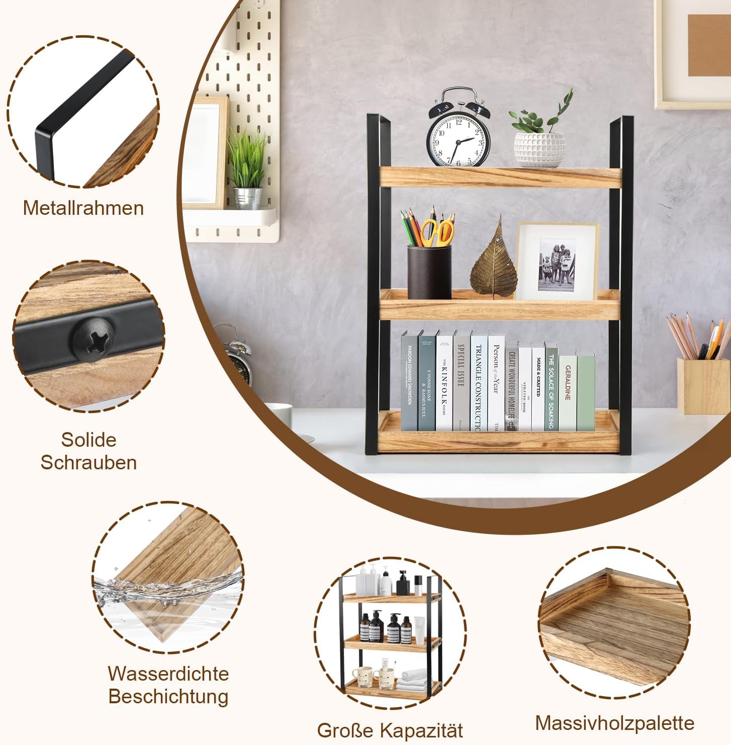 Étagère de rangement imperméable à 3 étages en bois - Brûlage facile - Étagère de salle de bain - Étagère de cuisine en métal - 33 x 17 x 43 cm - Pour salle de bain, cuisine, buanderie