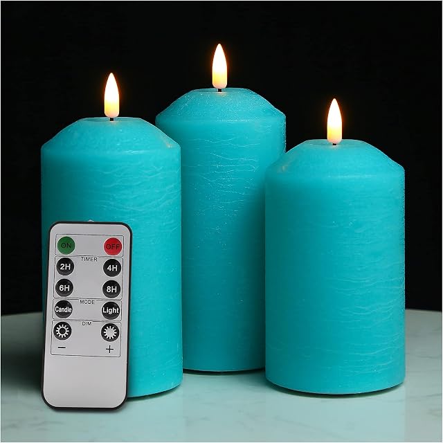 Eywamage Turquoise Blue Flameless LED Candles with Remote, Flickering Real Wax Battery Decorative Candles D 3" H 4" 5" 6"