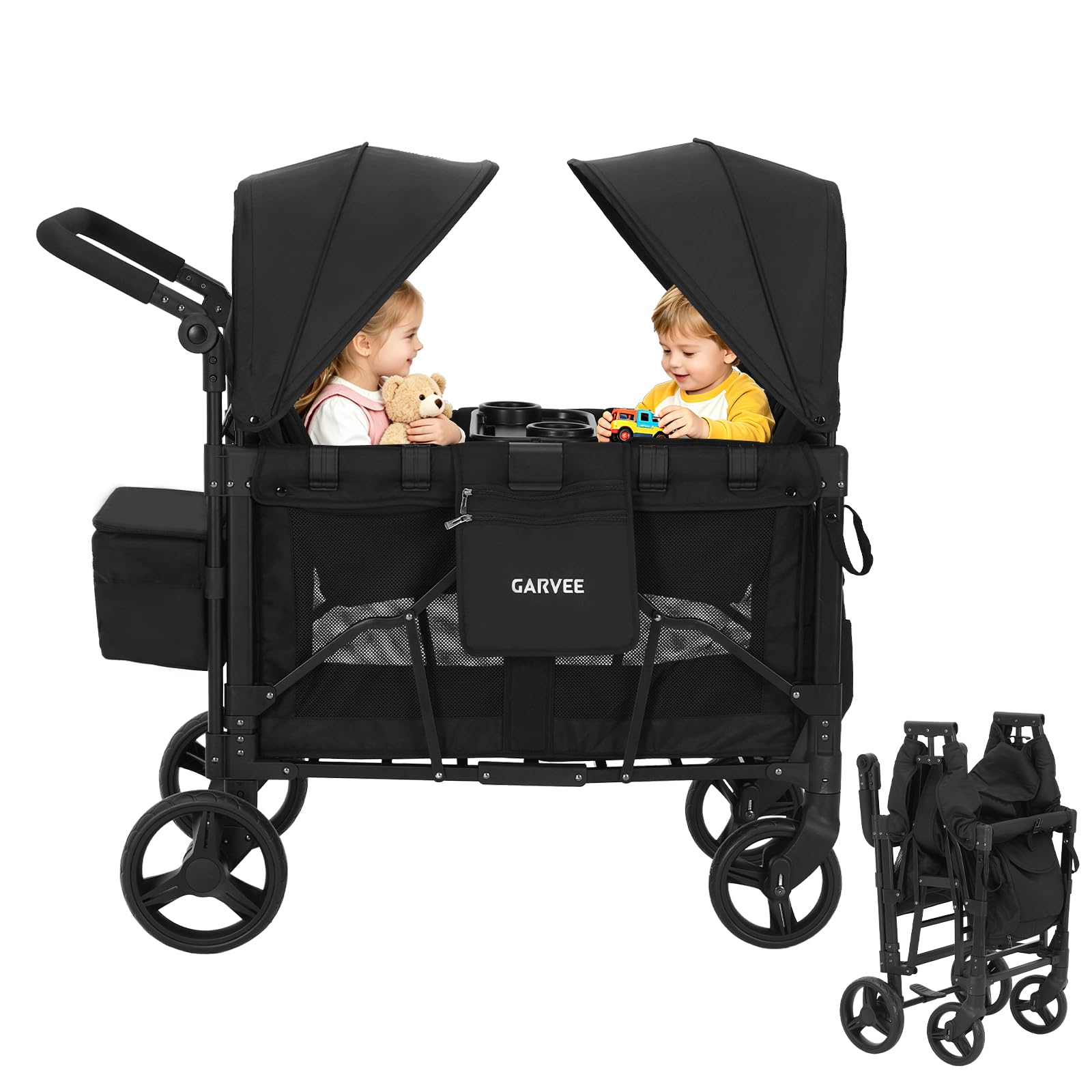 Carrello da Spiaggia, Carrello Pieghevole con Tetto per 2 Bambini, Carrello Spiaggia Bambini con Manico Regolabile e Ripiano per Snack, Tettuccio Rimovibile, Ruote In Poliuretano con Freni, Custodia
