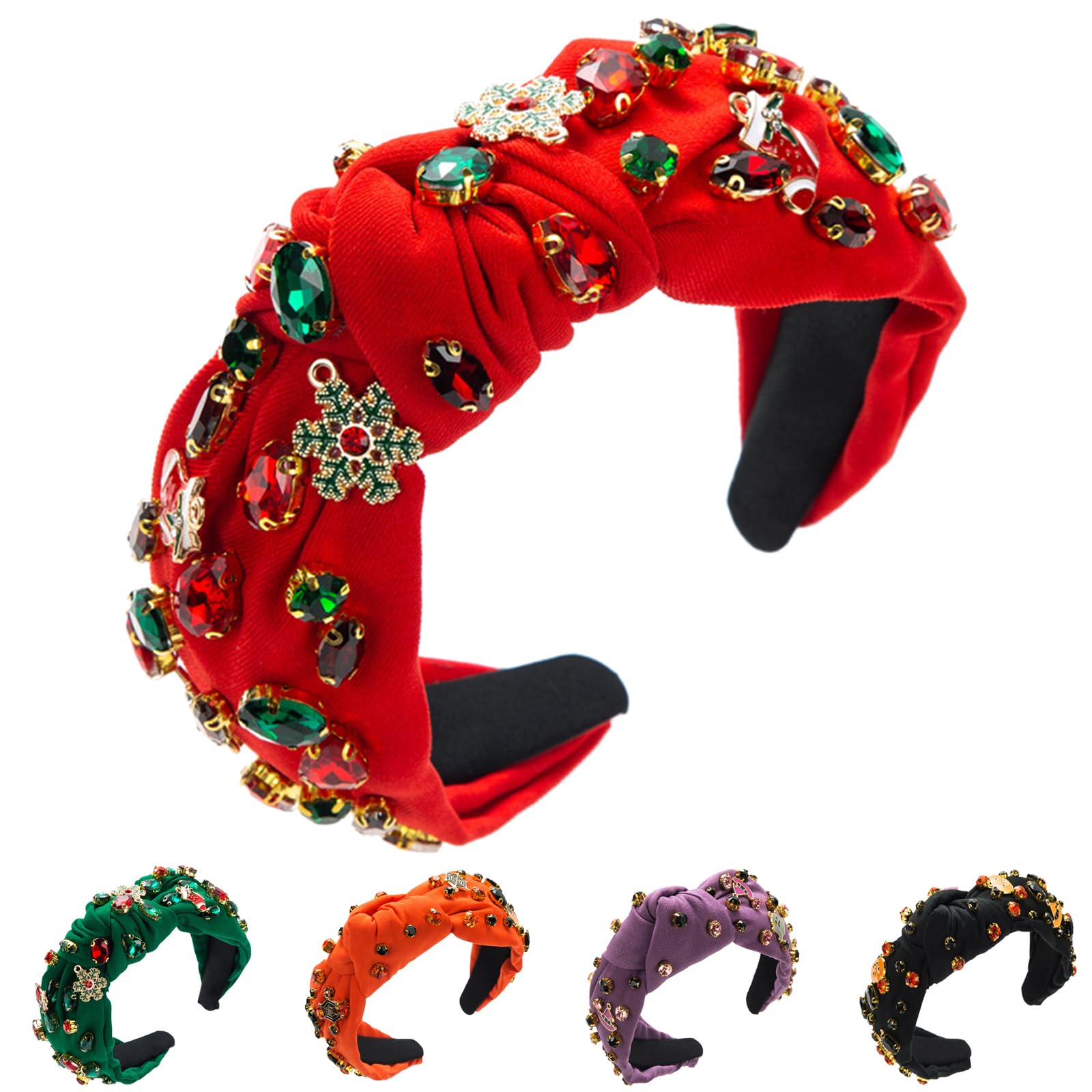 2 Cerchietti Natalizi Donna Con Nodo, Strass E Perle – Rosso E Verde – Accessori Capelli Festivi - 2