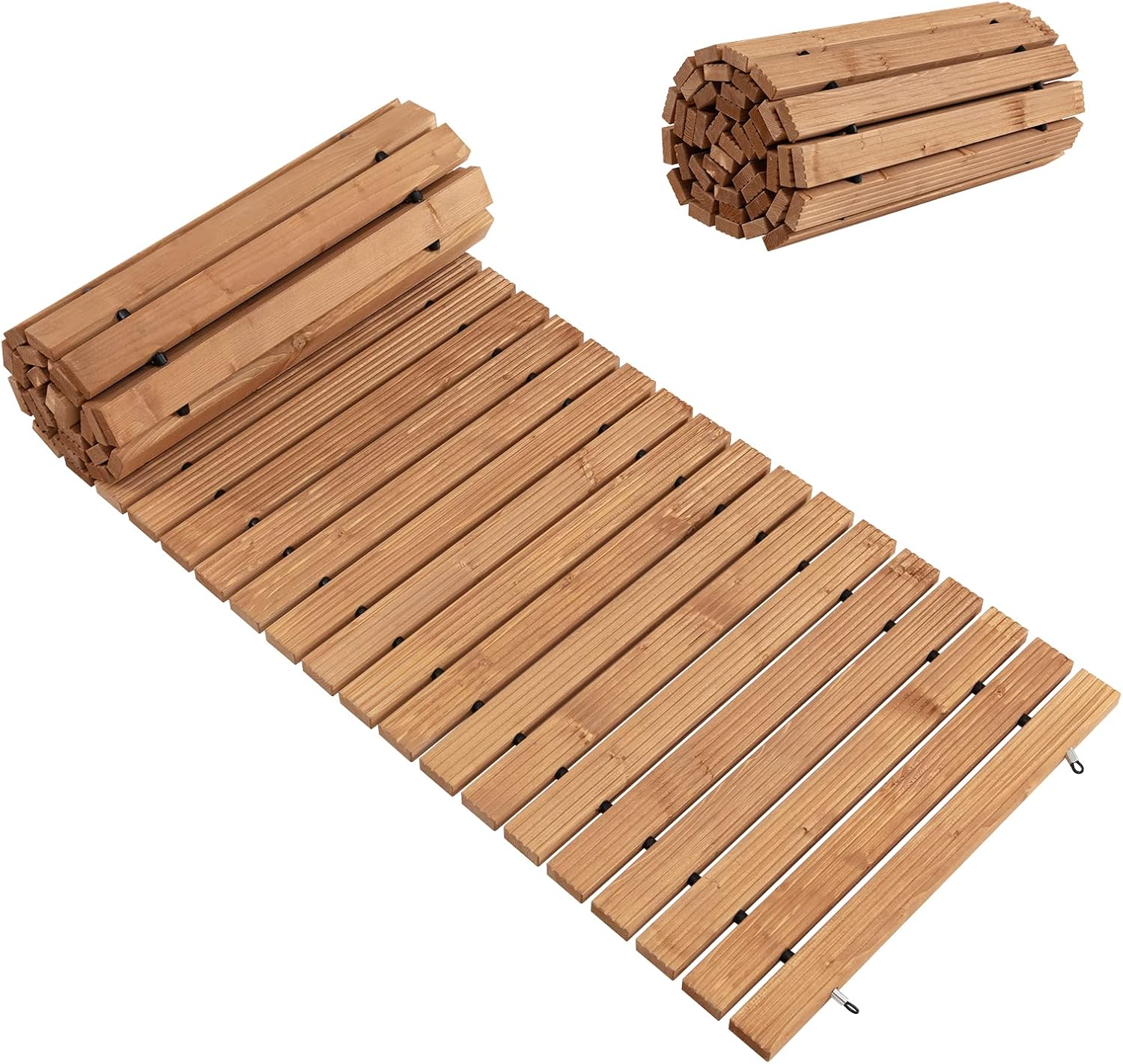 HAPPYGRILL 8 FT Wooden Garden Pathway Weather-Resistant Straight Walkway with Sturdy Steel Wire & Anti-Slip Patterns, Outdoor Roll-up Fir Wood Boardwalk for Patio Beach Garden Backyard