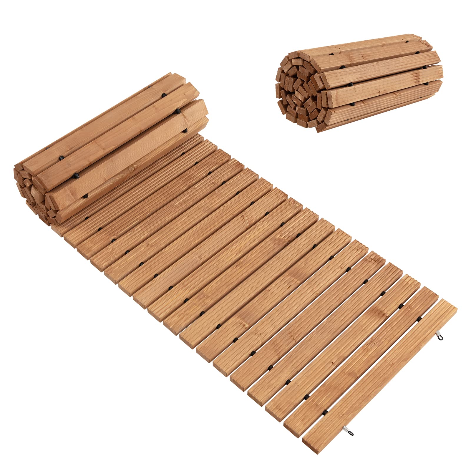HAPPYGRILL 8 FT Wooden Garden Pathway Weather-Resistant Straight Walkway with Sturdy Steel Wire & Anti-Slip Patterns, Outdoor Roll-up Fir Wood Boardwalk for Patio Beach Garden Backyard