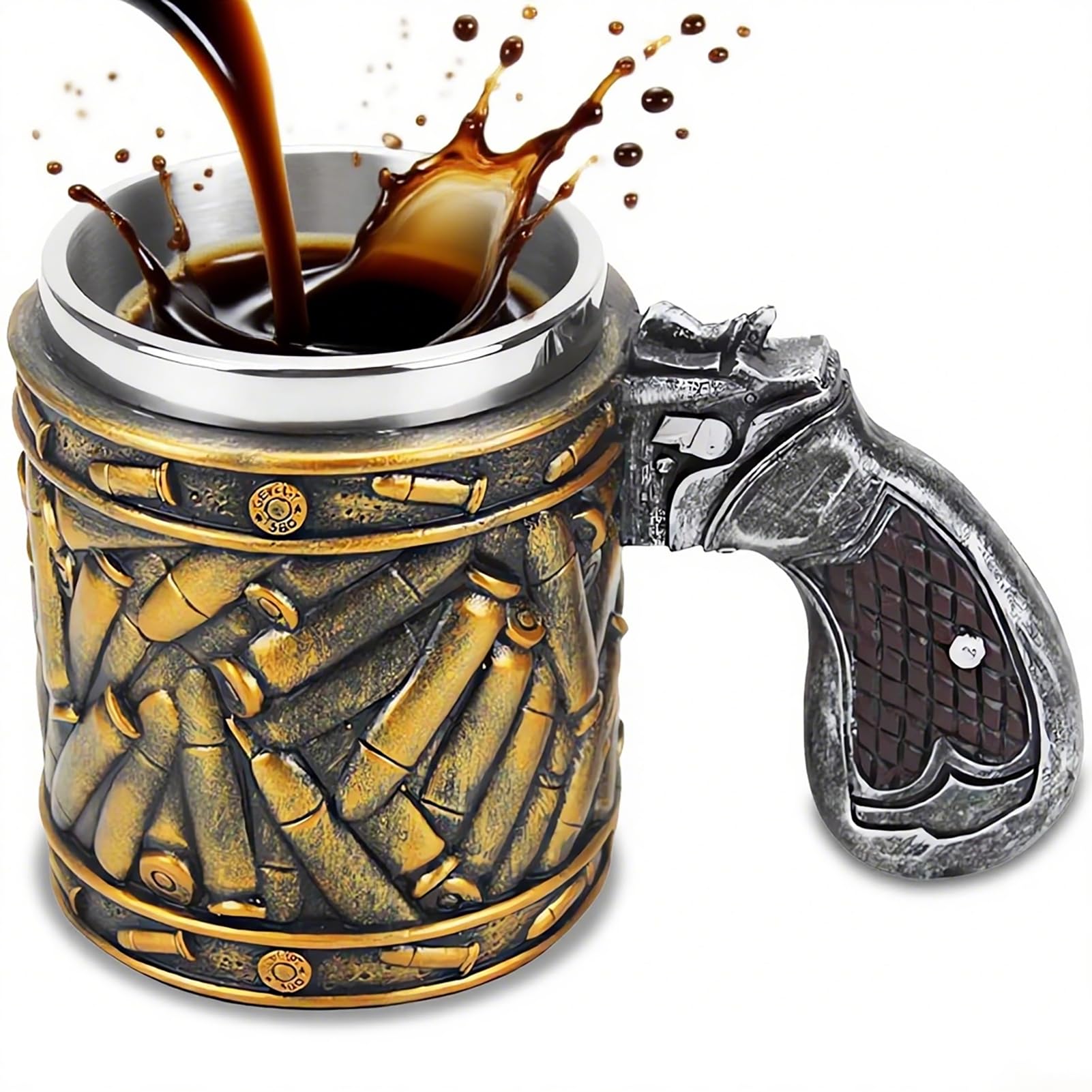 ZONSUSE Bullet Gun Grip Beer Mug, Funny 3D Coffee Cup, Insulated Stainless Steel Resin Tankard, Pistol Handle Beer Stein, Novelty Military Gift for Dad, Coworker, Veteran & Action-Film Fans, 450 ml