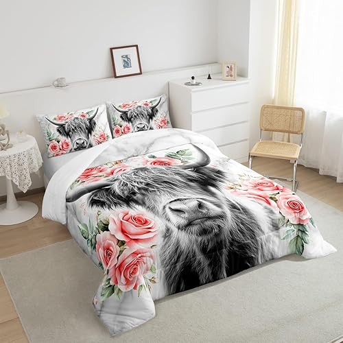 Miniatura 3 de Erosebridal - Juego de funda de edredón con flores de vaca de las Highlands, tamaño Queen, diseño de toro, juego de ropa de cama de ganado vacuno,