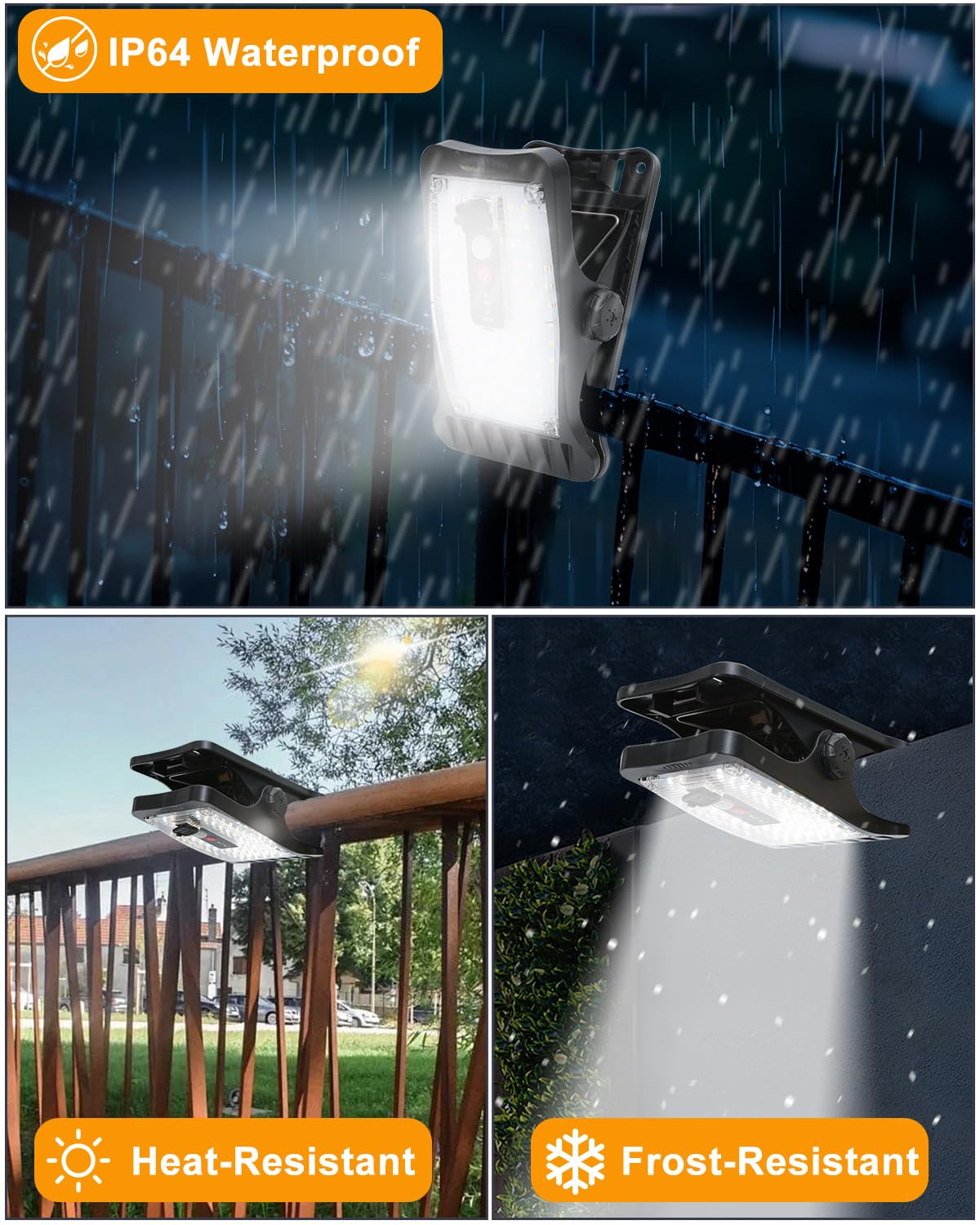 2 lámparas solares para exterior, 2 piezas de lámparas solares con clip con sensor de movimiento, 70 LED, 3 temperaturas de color, USB y control remoto, lámpara solar impermeable para valla