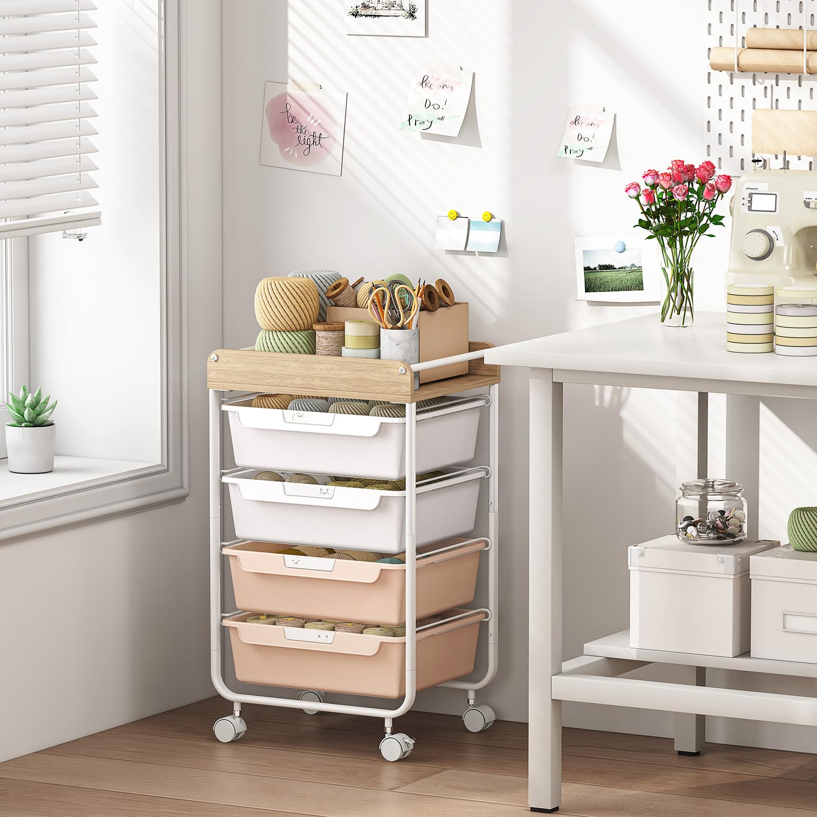 SYKIARIOL Chariot à 4 tiroirs avec roulettes et boîte de rangement - Chariot multifonction en plastique avec étagères en bois - Convient pour salle de bain, cuisine, salon et bureau