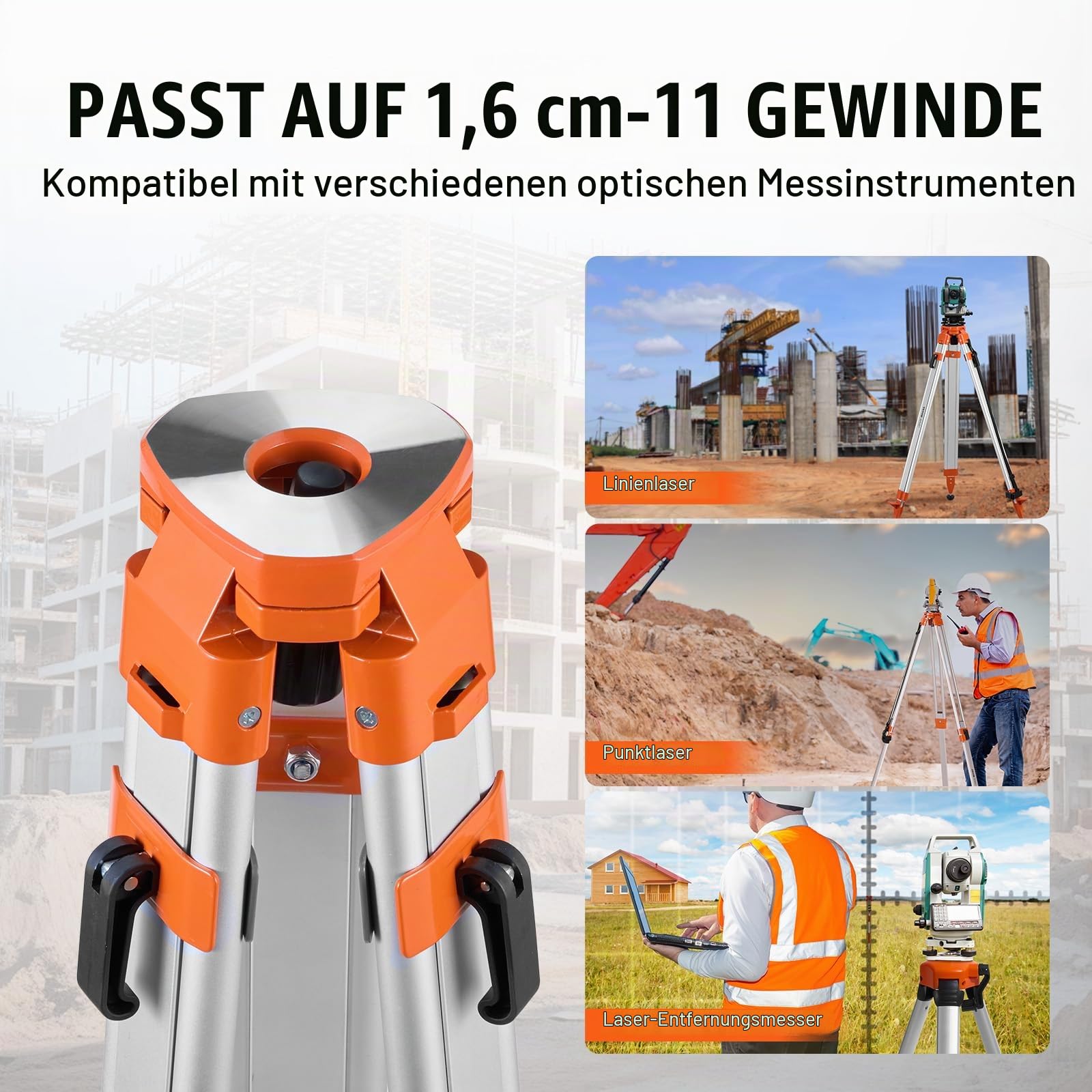 VEVOR Professional Baustativ, 5/8"-11-Gewindehalterung, höhenverstellbar 420-1665 mm, robustes Vermessungs-Stativ für Laser & Nivelliergeräte, einziehbare Beine, rutschfeste Füße