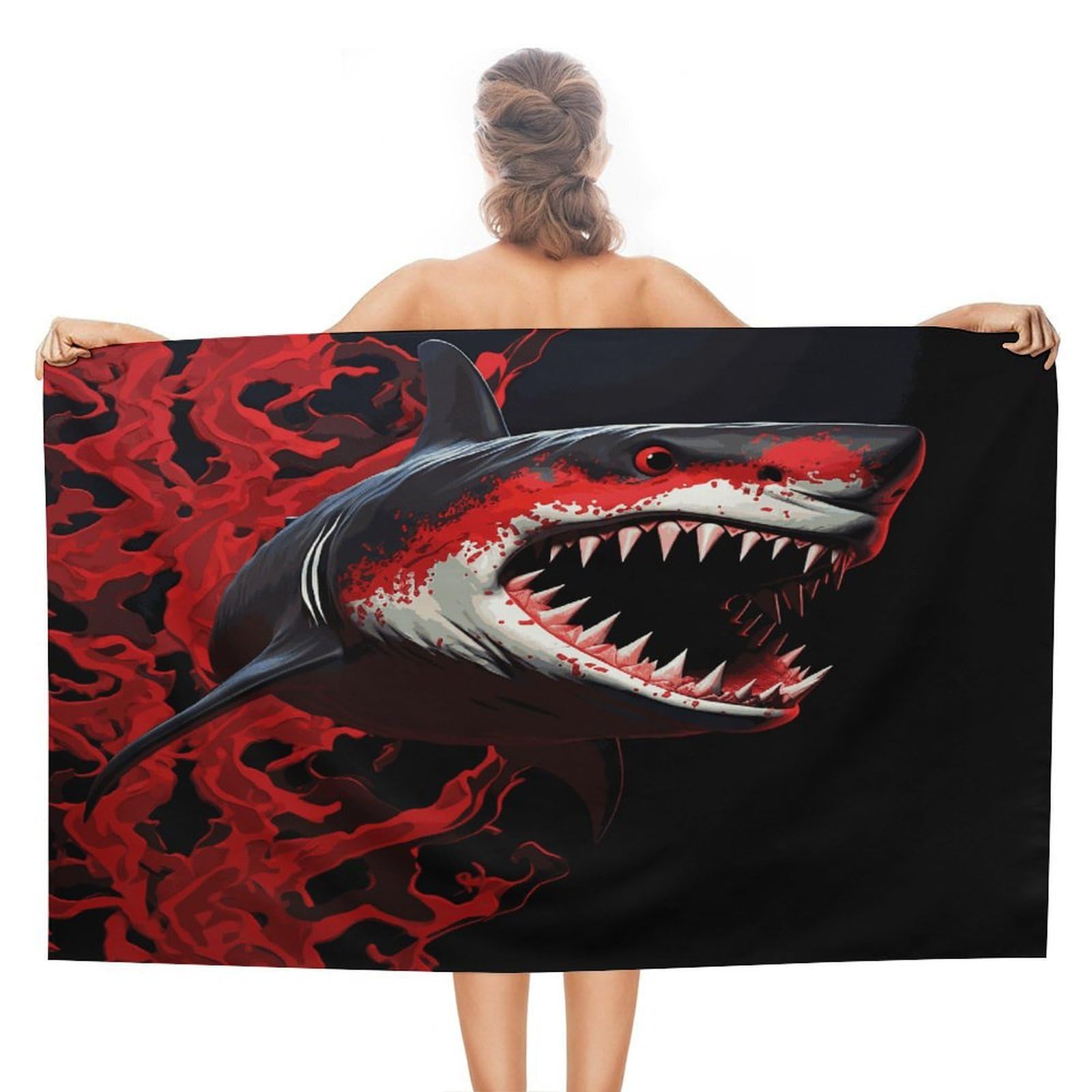 FekiLoot Red-Black Shark Beach Towel Absorbent & Quick Dry Pool Towels 31 X 51 Inches Extra Large Sandfree Beach Blanket Towels Soft Lightweight Travel Towel for Swim Yoga Camping