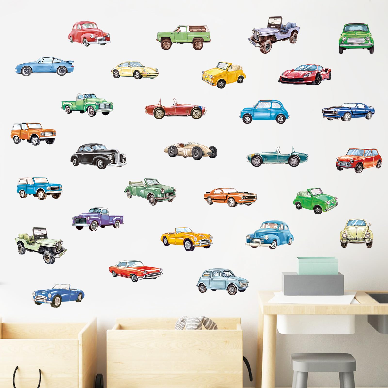 Stickers Muraux Voitures Rétro pour Enfants Autocollants de Voitures Classiques Colorées Décoration Murale Vintage pour Chambre Garçon et Salle de Jeux