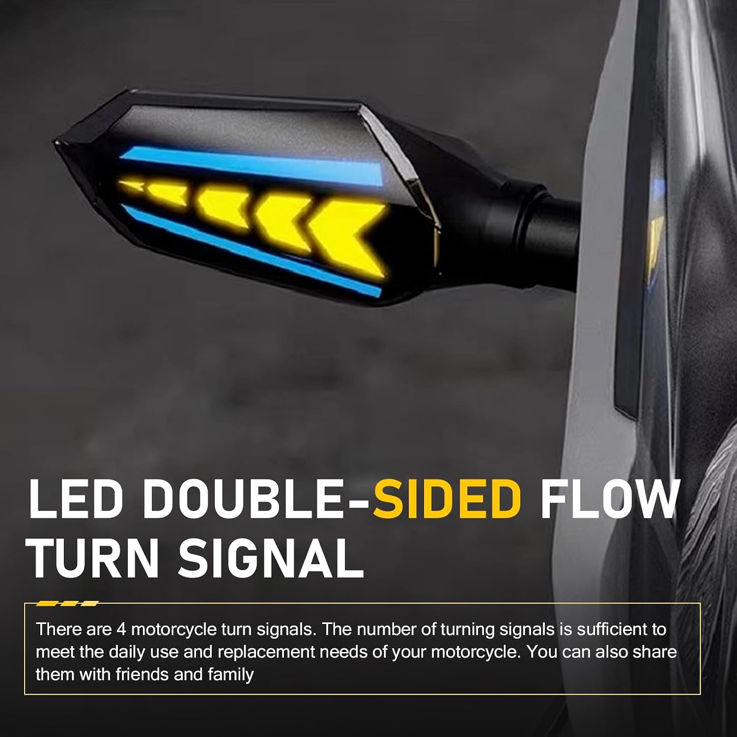 4 PCS Motorcycle Turn Signal Lights, LED Yellow Arrow Flowing Turn Indicator & Blue Daytime Running Lights, 12V Double-sided Flow Light for Motorcycle, Bike (Blue)