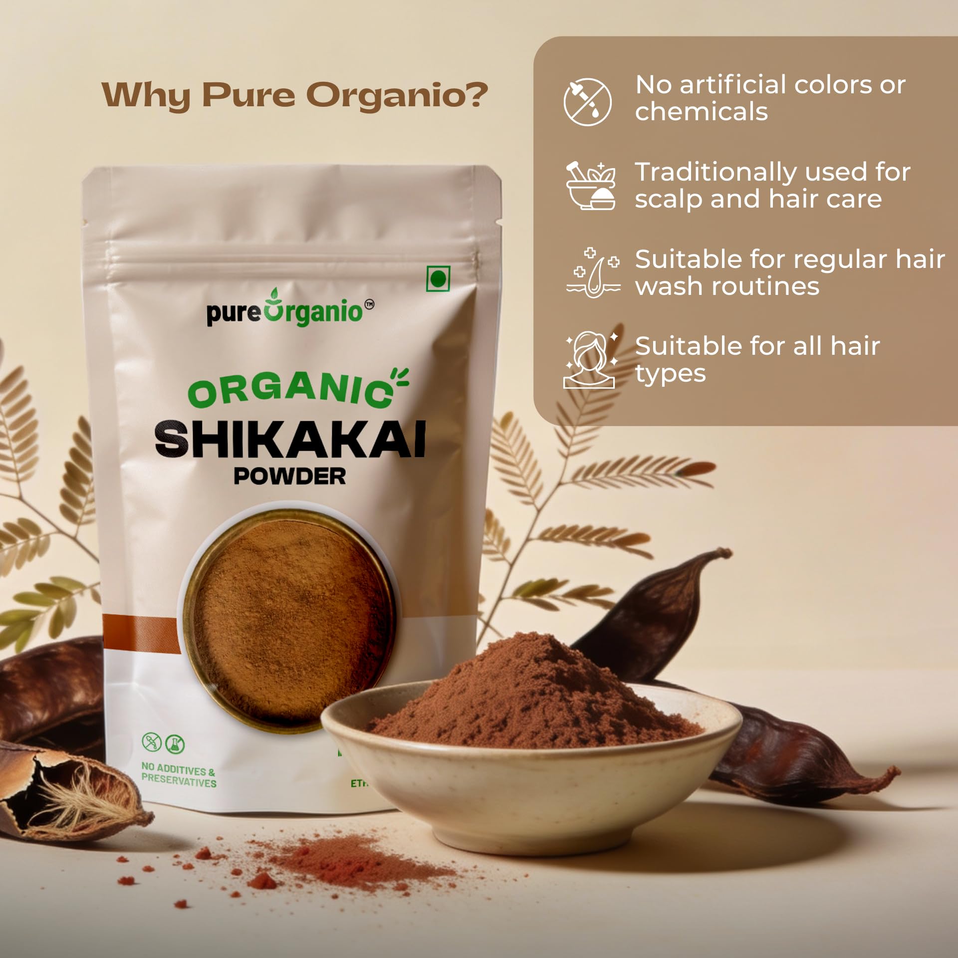Pure Organio Organic Shikakai Powder for Hair Growth & Hair Fall Control | Sulfate-Free Natural Hair Wash, Cleanser & Conditioner | NPOP & India Organic Certified Herbal Powder (100g) 2