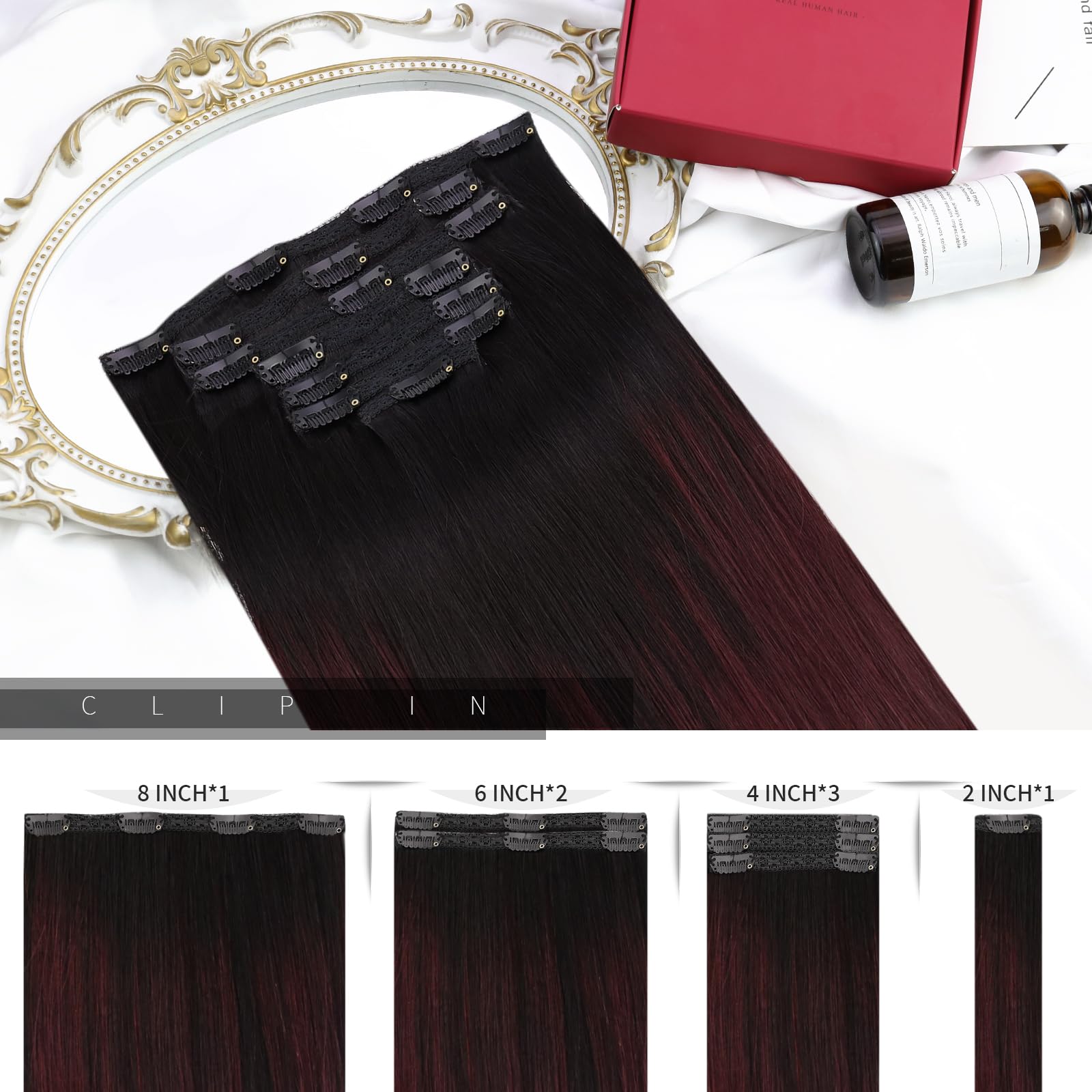 Moresoo 16 Inch Clip in Hair Extensions Real Human Hair Extensions Clip in Remy Human Black Root Ombre Wine Red for Women Full Head Adding Volume Natural Look #1B/99J 7 Pieces/120G - Image 3