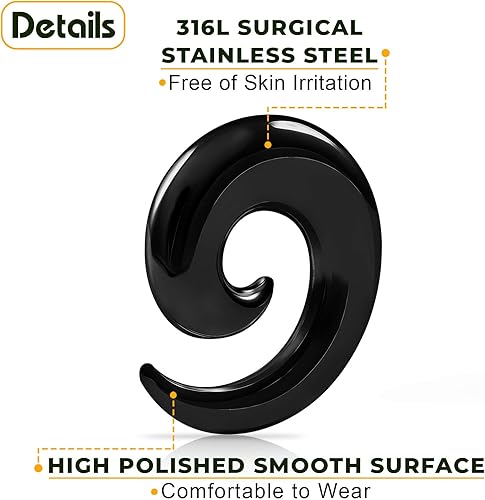 Miniatura 4 de Par de tapones para los oídos de acero PVD anodizado negro anodizado espiral hueco piercing joyería tapones de estiramiento expansor pendiente