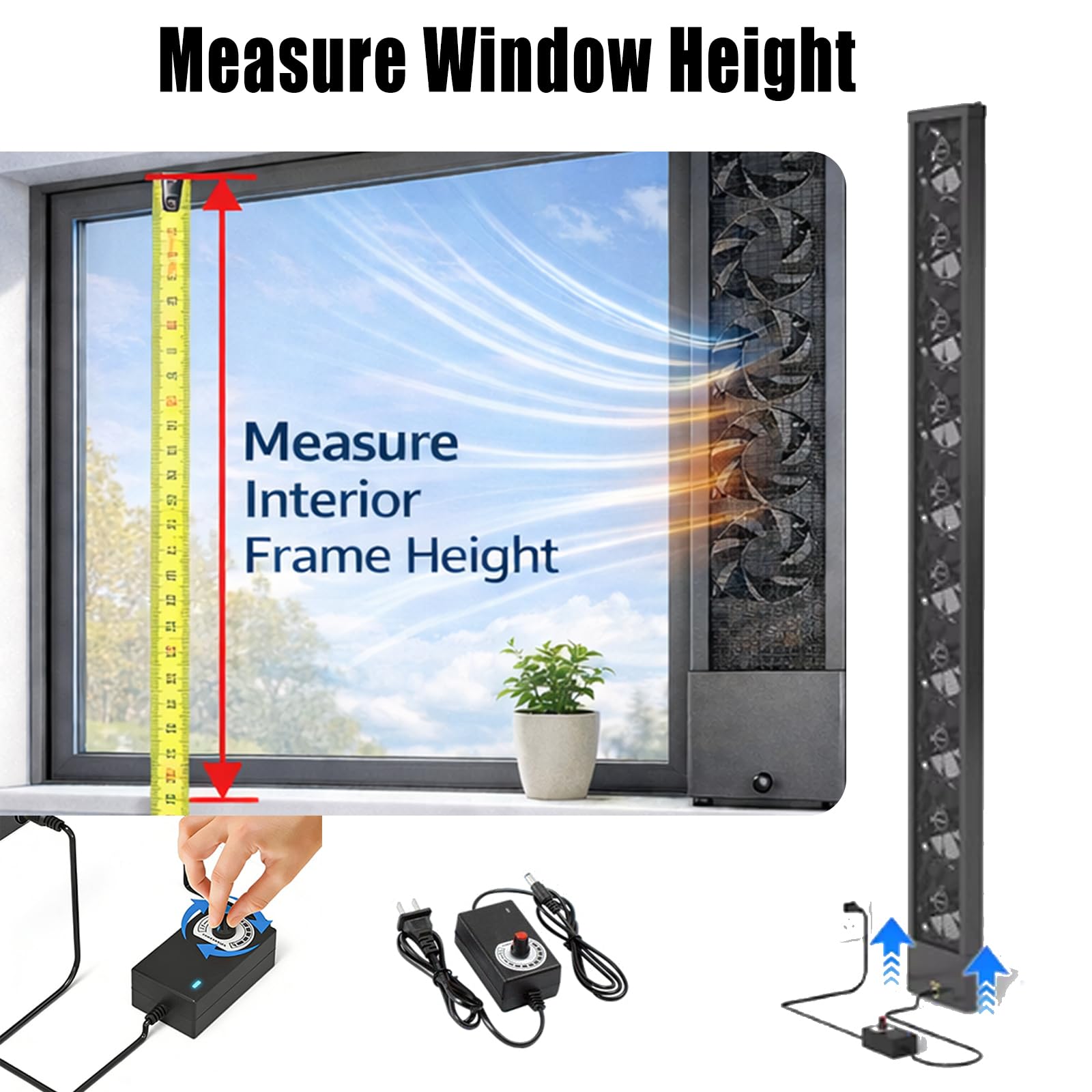 Vertikaler Fensterventilator für Schiebefenster, umkehrbarer Luftstrom Aus- und Einlassfensterventilator, einstellbare Passform 35–150 cm (13,8–59 Zoll), stufenlose Geschwindigkeitsregelung