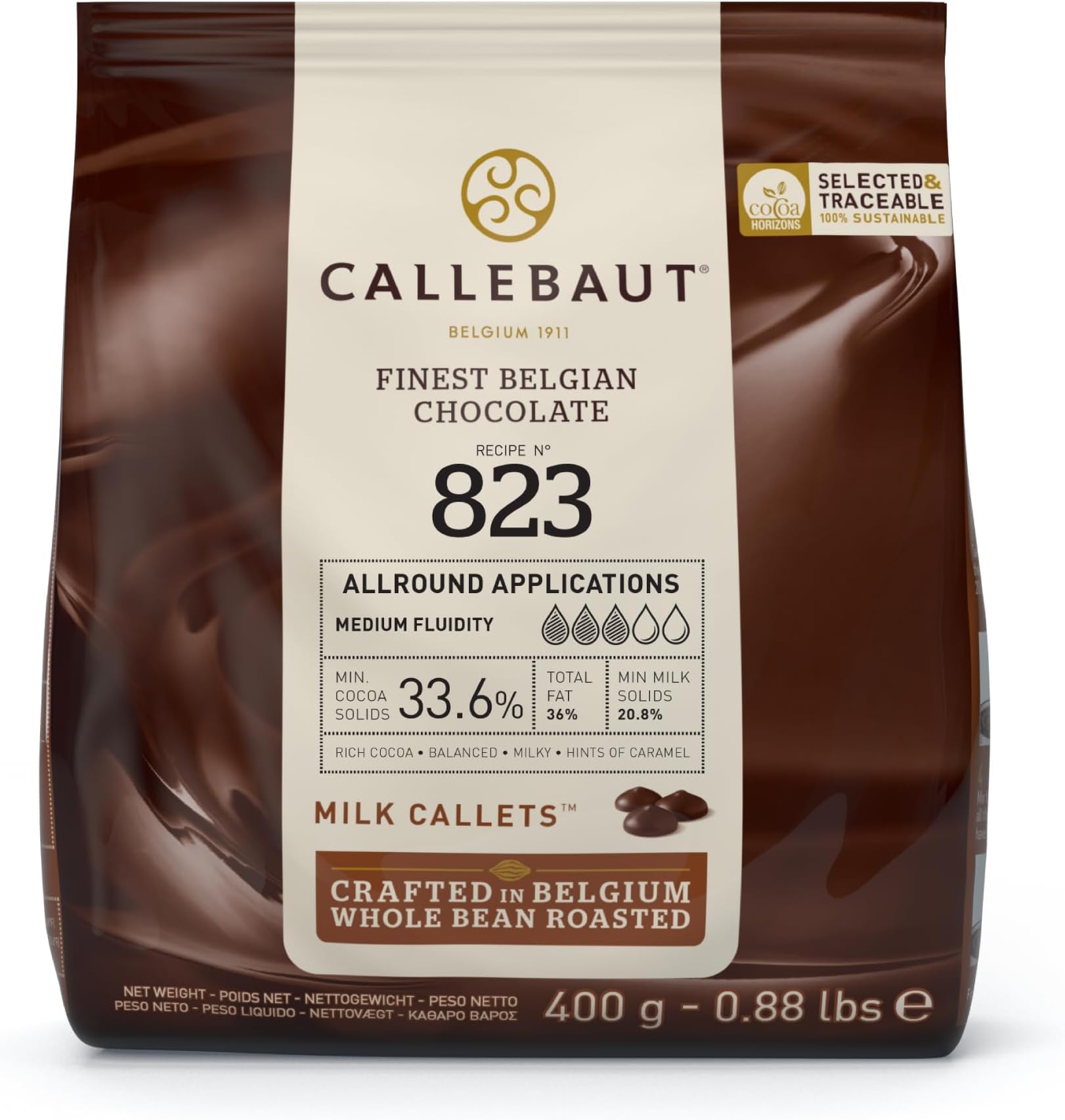 Callebaut 823 Finest Belgian Milk Chocolate Couverture Callets 33.6% Cocoa 400g