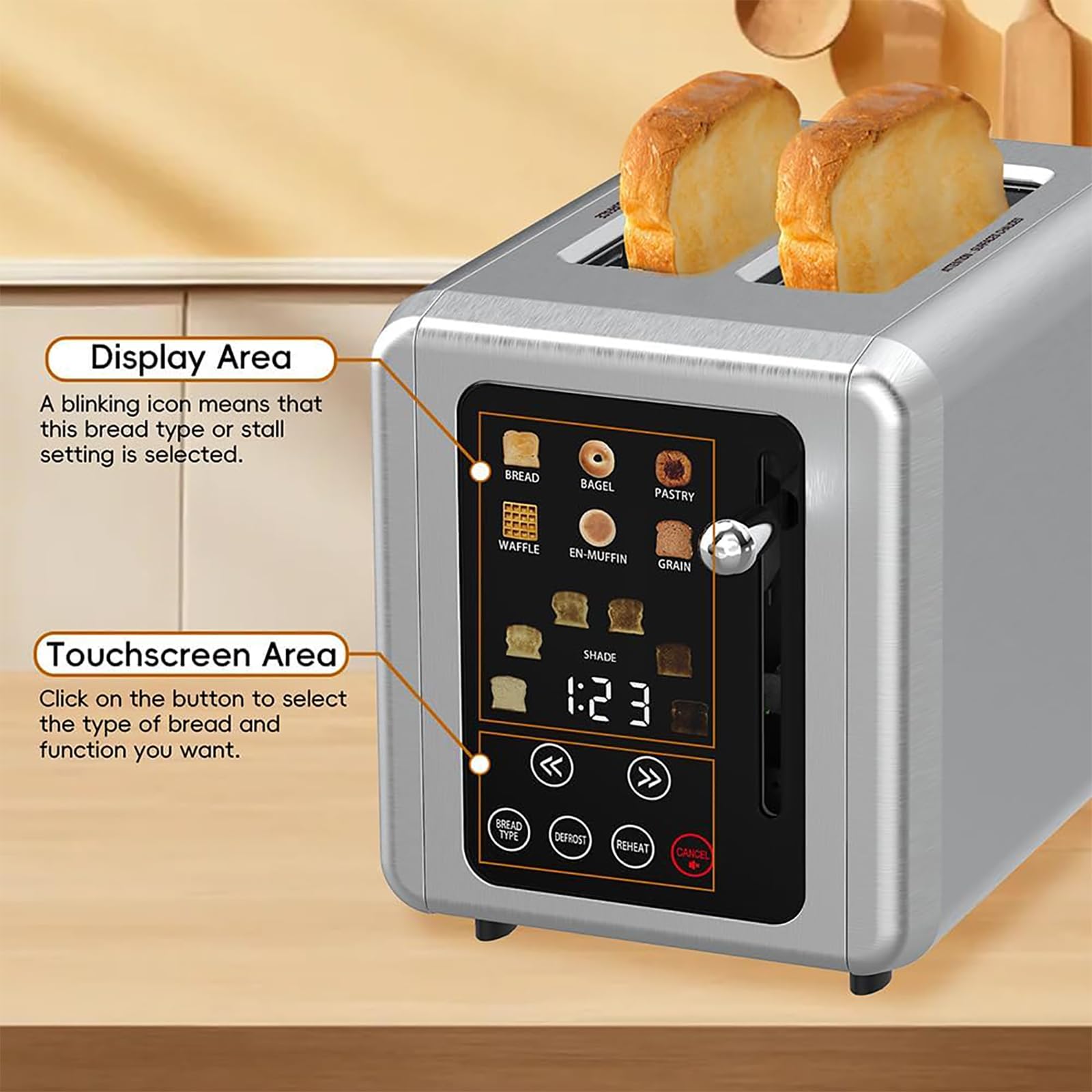 Tostadora inteligente, tostadora emergente con pantalla táctil de acero inoxidable, ranuras extraanchas de 1,5 pulgadas, 6 ajustes de tostado, con función de sonido y temporizador digital, para bufés,