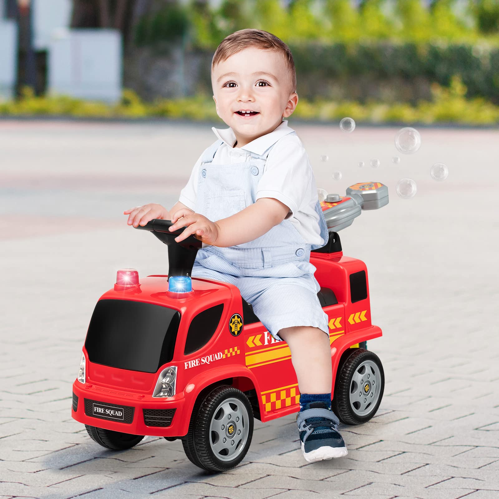 GOPLUS Rutschfahrzeug mit Seifenblasenpistole, Rutschauto mit Sirene & Musik für Jungen & Mädchen, Feuerwehr-Rutschfahrzeug mit Schillernden Lichtern, Kinderfahrzeug für 18-36 Monate, Rot (Modell 1)