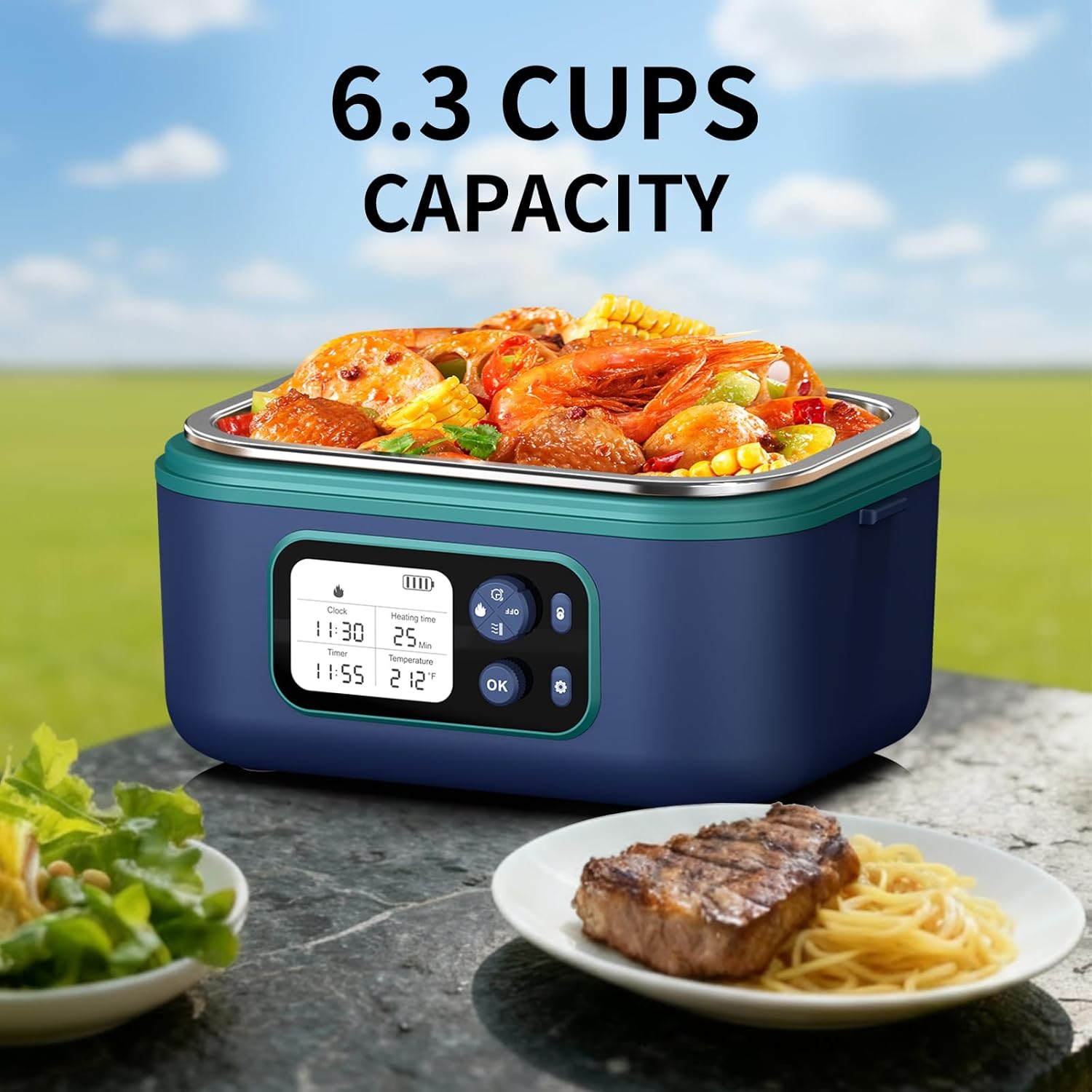 Cordless Electric Heated Lunch Box, 1.5L 6.3Cups 24000mAh Rechargeable Battery Self-Heating Lunch Box, Smart Timer, Even Heating, 100W Portable Food Warmer for Office, Picnic, Car, Outdoor - Image 2