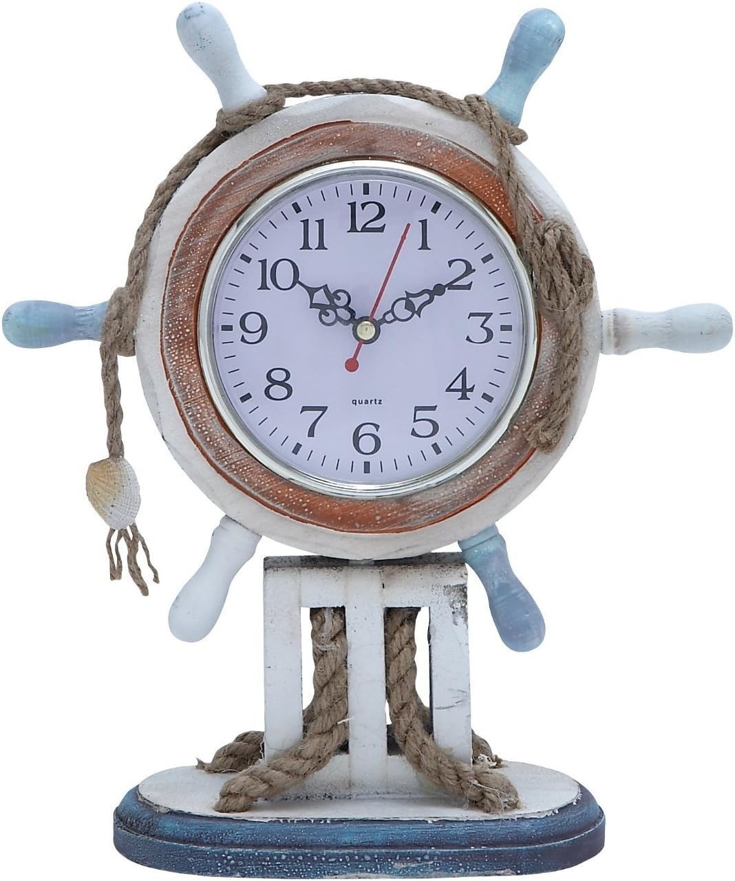 Nautical Wooden Clock, Ship Steering Wheel, Rope, 11-inch, Blue White Red, Tabletop