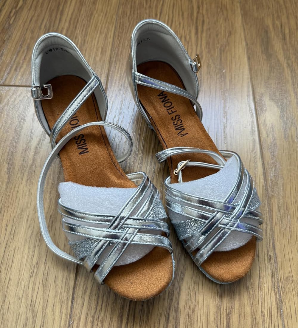 missfiona Zapatos de baile de salón para niñas, zapatos de tacón bajo con purpurina, Silver, 28.5 EU