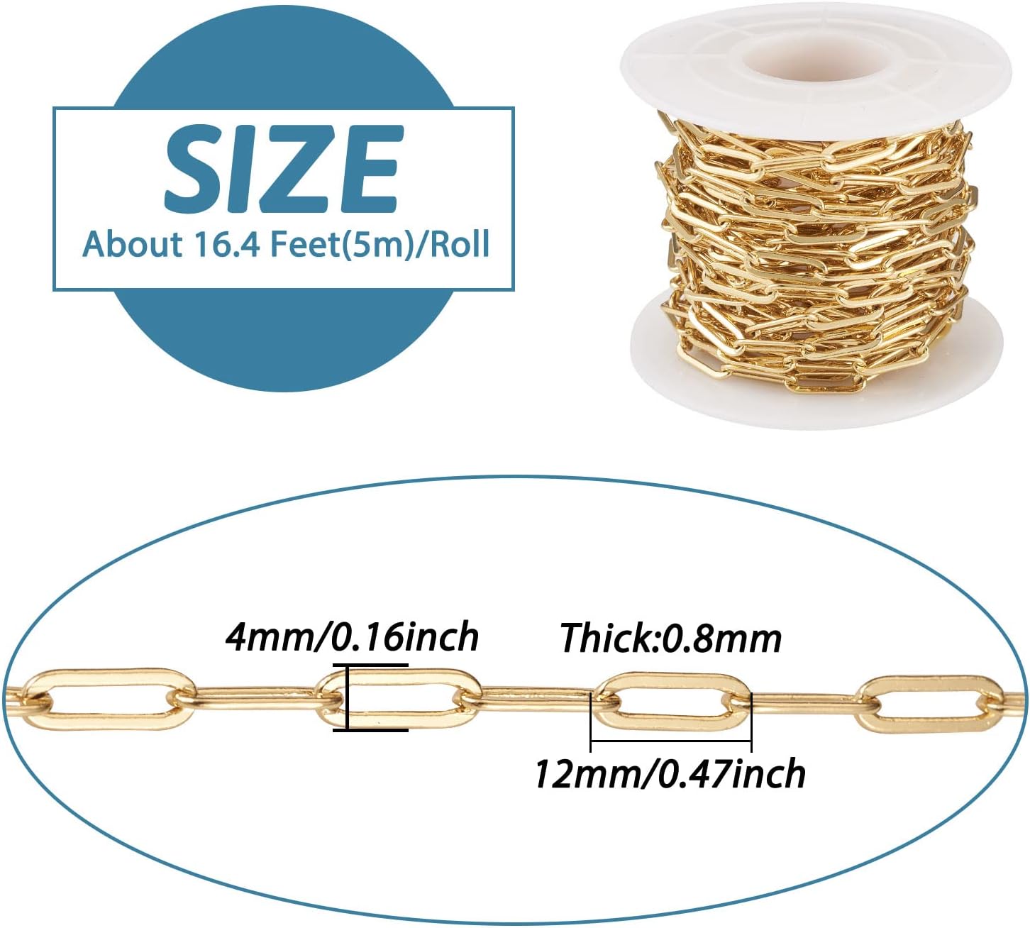 Pandahall 16.4 Feet 18K Gold Plated Brass Paperclip Chains 12x4x0.8mm Soldered Flat Oval Cable Chains with Spool for DIY Necklace Jewelry Making - Image 6
