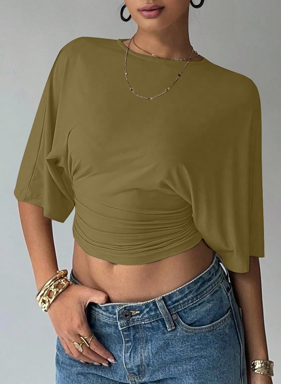 LOLONG Womens Crew Neck Half Sleeve Ruched Shirts Summer 2026 Casual Cinched Waist Crop Tops - Image 2