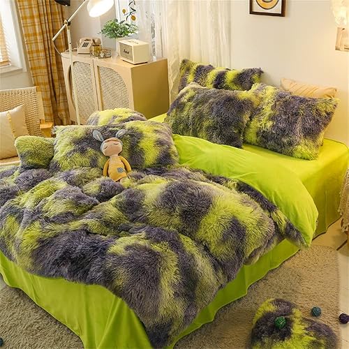 Miniatura 4 de chovy - Juego de edredón afelpado de pelo sintético, teñido anudado verde, tamaño individualmatrimonial, terciopelo, franela, mullido, suave, de