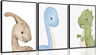 XXOUYLQ 3Pcs Watercolor Dinosaur Wall Art Kids Boys Room Canvas Wall Decor neutral dino Painting nursery Prints Funny Animals Plants Poster for Boys or Girls Bedroom unframed