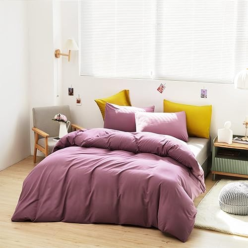 Miniatura 3 de Wellboo - Juego de edredón de tamaño Queen para mujeres y niñas, color morado polvoriento y morado malva liso, ropa de cama de algodón para