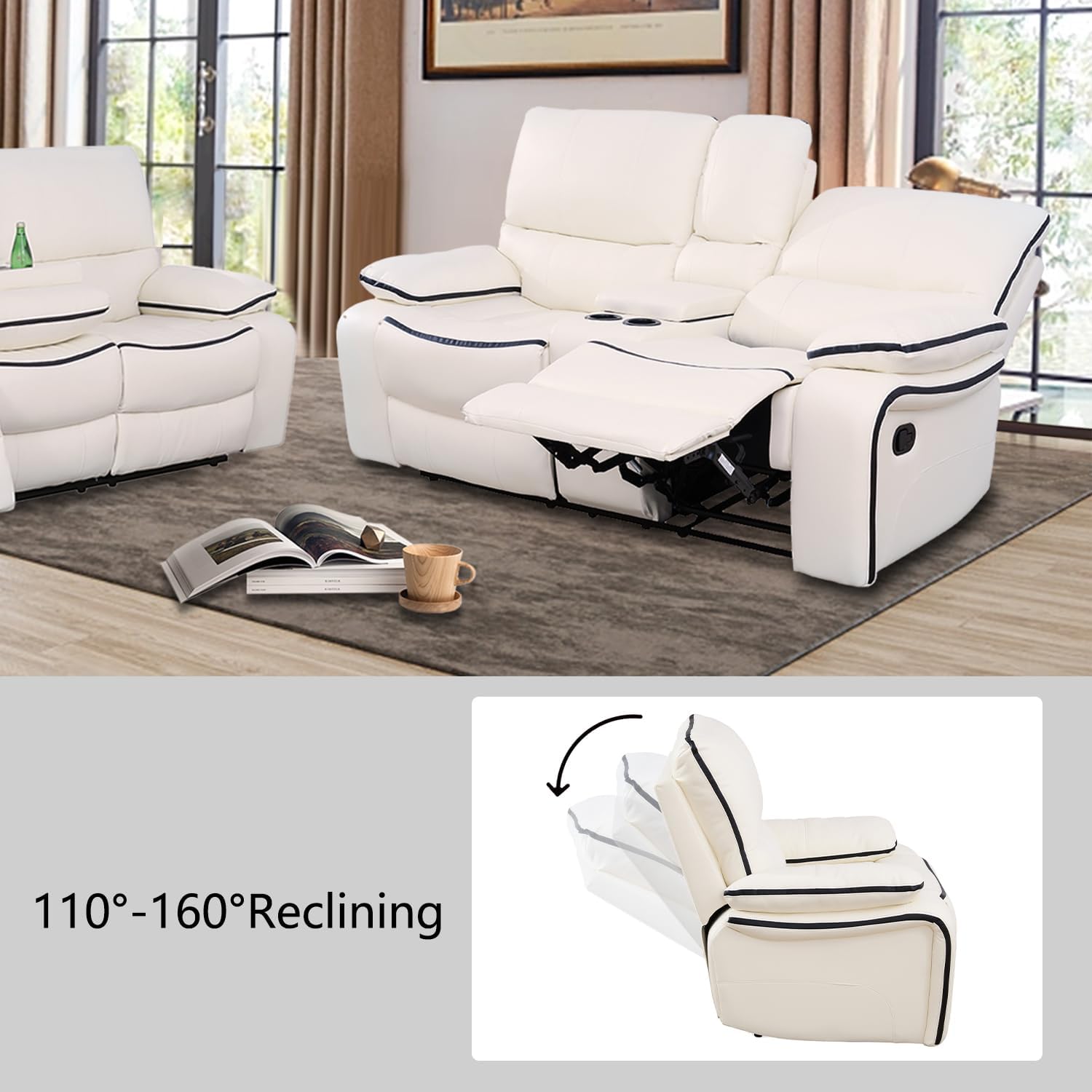 2 Pieces Bonded Leather Sofa Set, Recliner Sofa and Loveseat with Cup Holder&Storage, Manual Reclining Living Room Couch Set (Crean White)