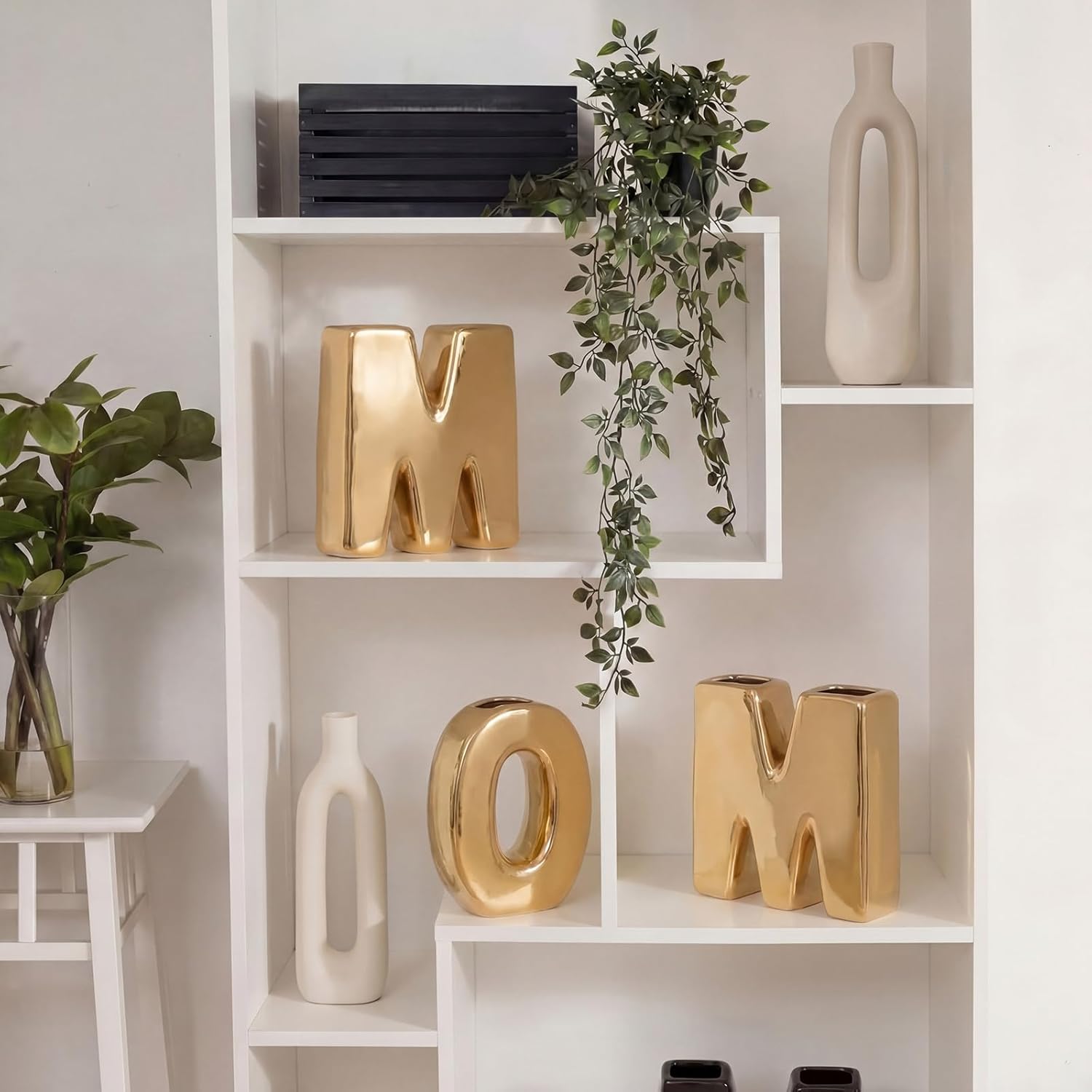 3 Pcs Mother's Day Gold Mom Letter Vase 6" Ceramic Table Centerpiece Gold Words Small Flower Vase Alphabet Decorations Gift for Home Bookshelf, Bedroom, Party
