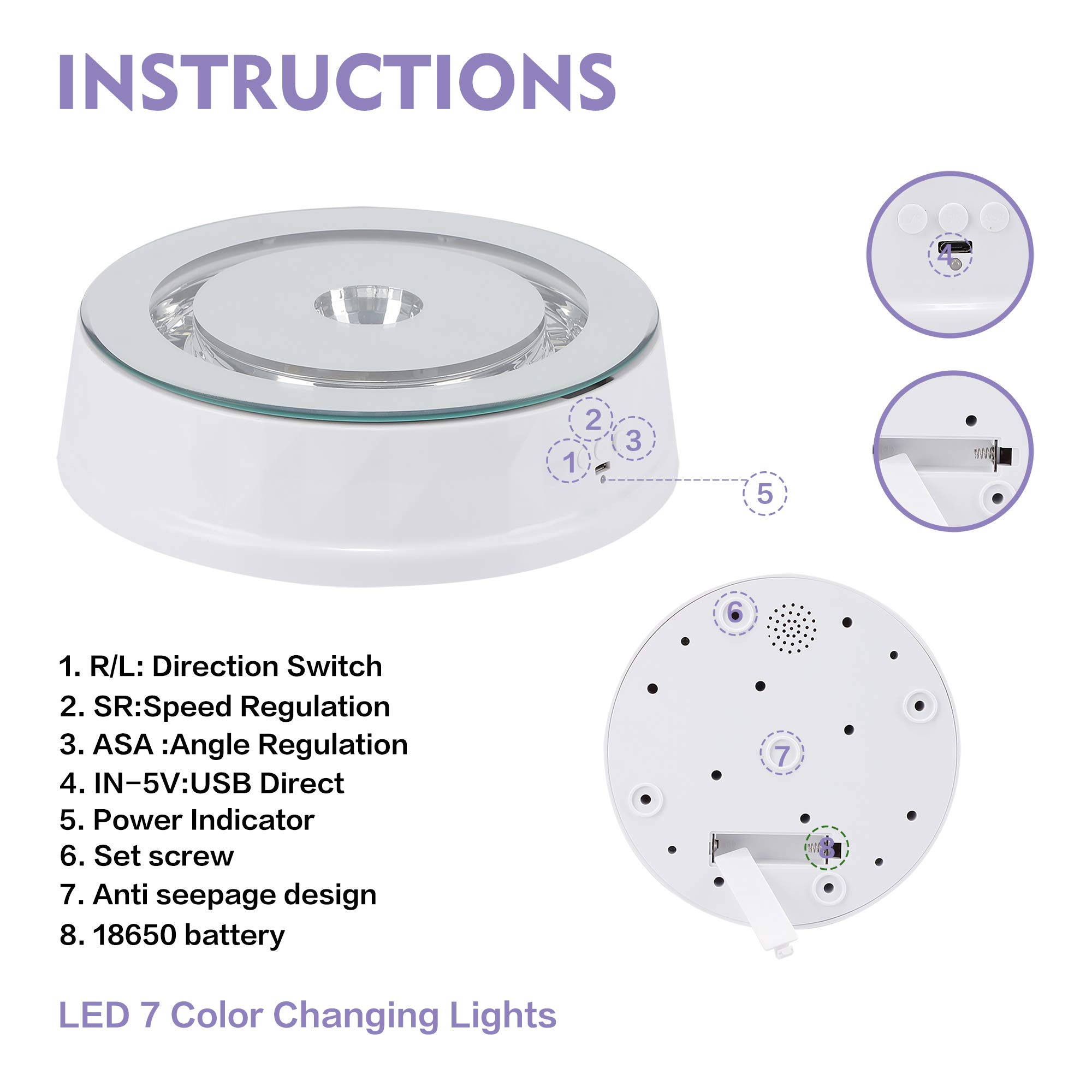 Base de visualización de luz LED con 7 luces LED que cambian de color 9 ''Multicolor redonda giratoria ángulo de velocidad Dirección Soporte de exhibición ajustable para cristal Jarrón 3D Art