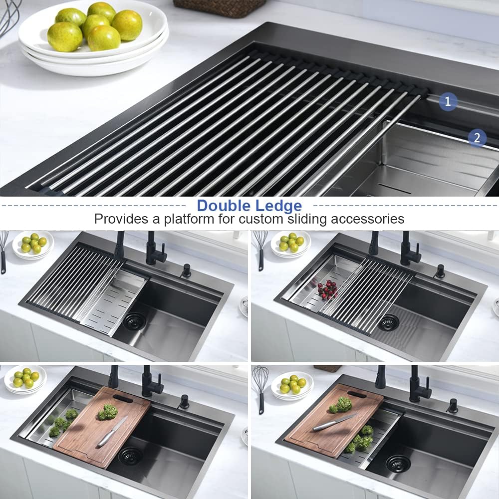 Black Kitchen Sink Drop In Workstation-Hovheir 30x22 Drop In Top Mount Kitchen Sink Black Stainless Steel Workstation Sinks 16 Gauge 304 Single Bowl Deep Overmount Sinks with Cutting Board