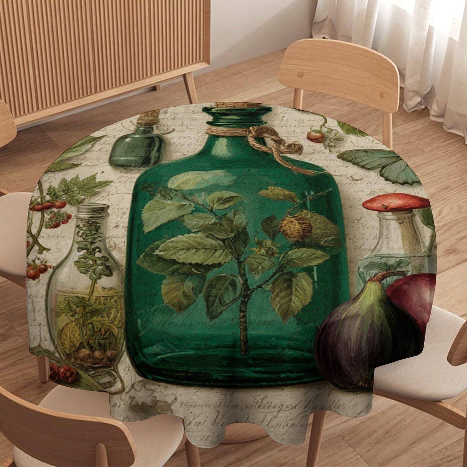 LUYYSKY Classic Antique Green Bottle Round Tablecloth Realistic Watercolor Botanical Mushroom Flowers Animal Butterfly Washable Decor for Table Cover for Kitchen-91.4" Wx91.4 L cm
